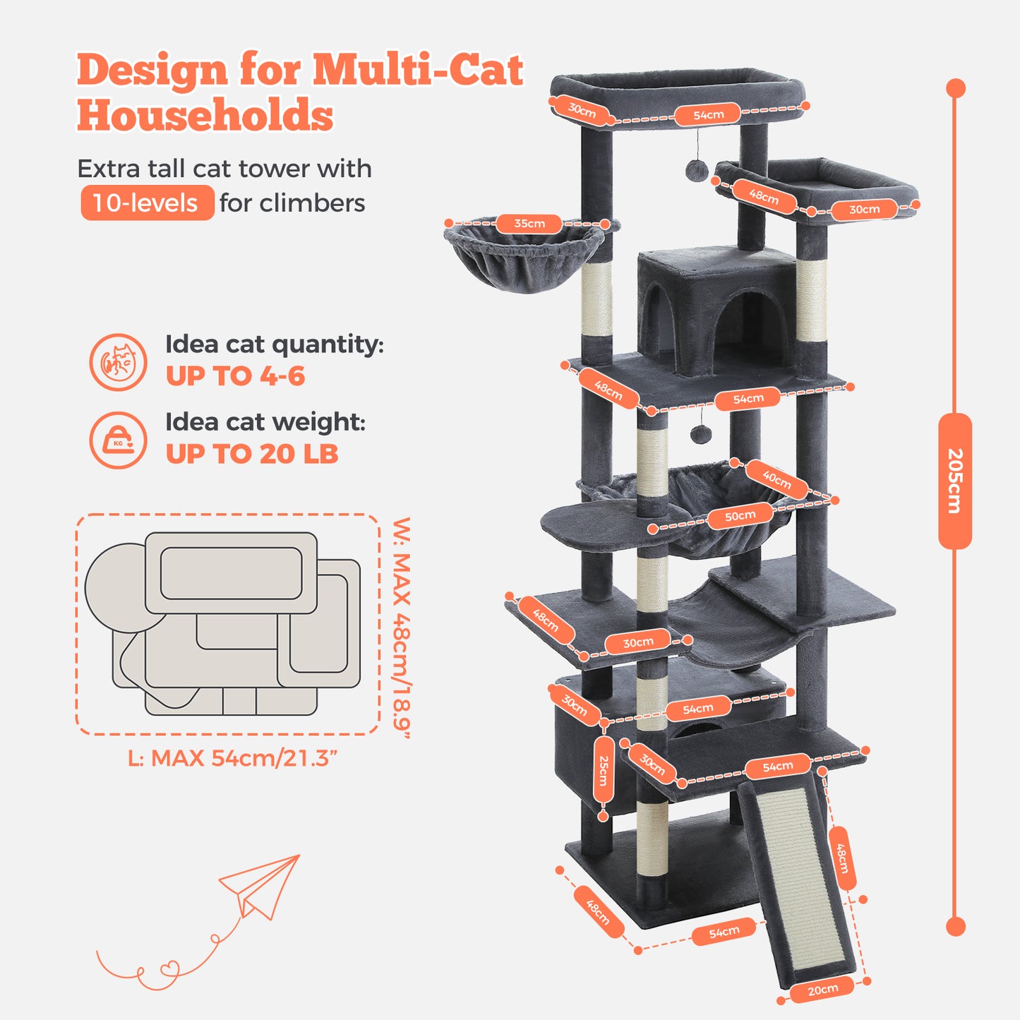 PAWZ Road 81 Zoll hoher Kratzbaum für Wohnungskatzen | Großes Modell für ausgewachsene Katzen | Mehretagiger Katzenbaum mit stabilem Metallrahmen-Hängematte | 2-in-1 Kratzrampe | 2 erhöhte Liegeflächen | 2 gemütliche Schlafhäuschen | 6 Kratzpfosten