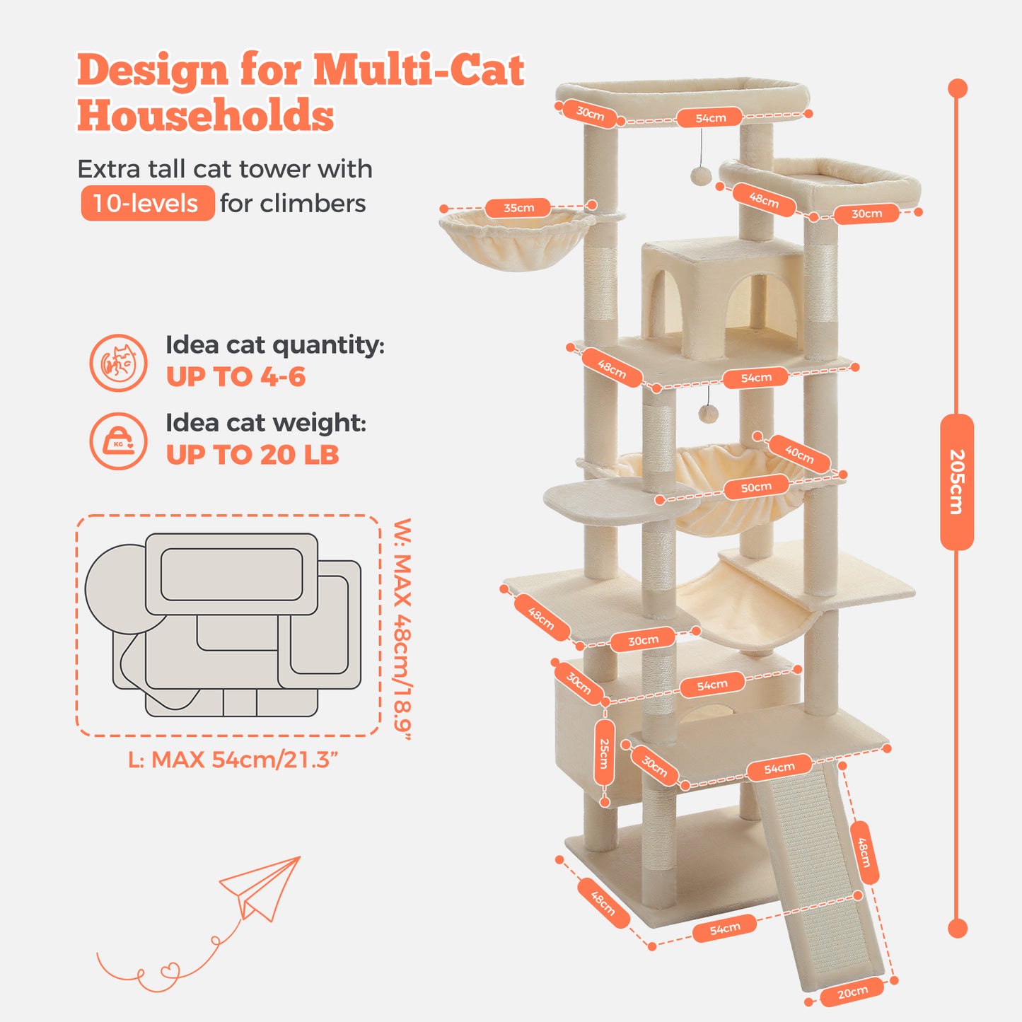 PAWZ Road 81 Zoll hoher Kratzbaum für Wohnungskatzen | Großes Modell für ausgewachsene Katzen | Mehretagiger Katzenbaum mit stabilem Metallrahmen-Hängematte | 2-in-1 Kratzrampe | 2 erhöhte Liegeflächen | 2 gemütliche Schlafhäuschen | 6 Kratzpfosten
