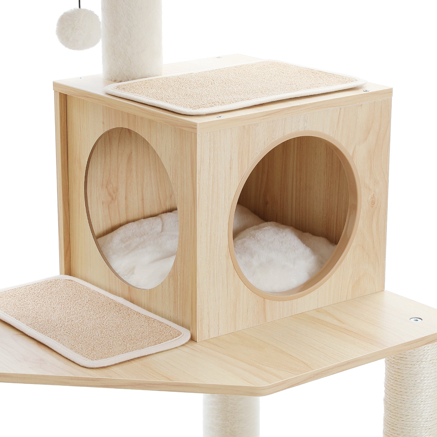 PETEPELA Arbre à chats en bois pour chats d'appartement - Tour à plusieurs niveaux avec poteaux de grattage en sisal, maison de repos confortable, hamac XXL et plateformes douillettes en pelage de lapin en tissu (beige)