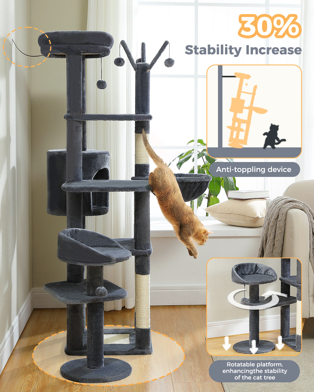 Albero per gatti PAWZ Road Flower da 150 cm - Torre per gatti grande a più livelli | Design basso | con cuccia | Amaca XXL | Pali in sisal e 2 piattaforme
