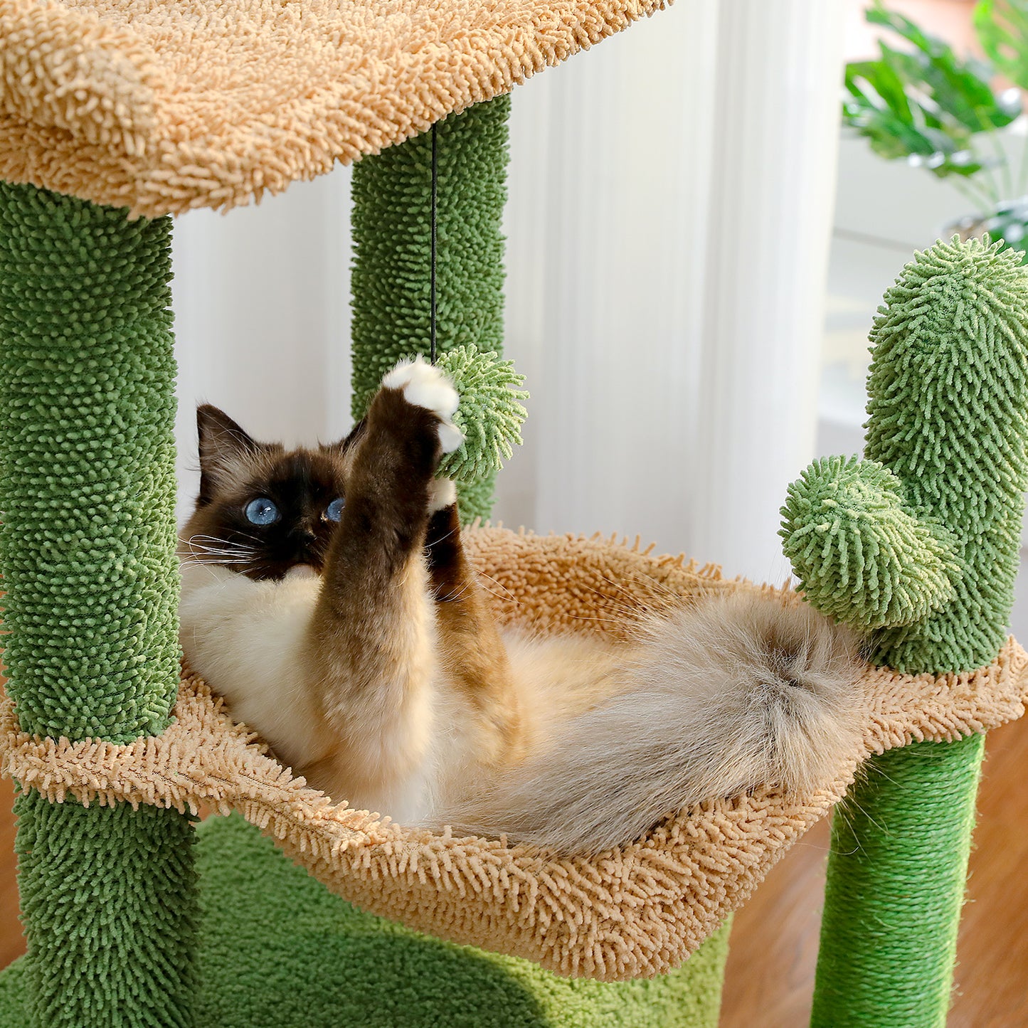 PAWZ Road 4-in-1 Kaktus-Katzenbaum | 84 cm Katzenturm | mit XXL-Schlafhaus | Sisalpfosten | Tiefe Hängematte | Aussichtsplattform
