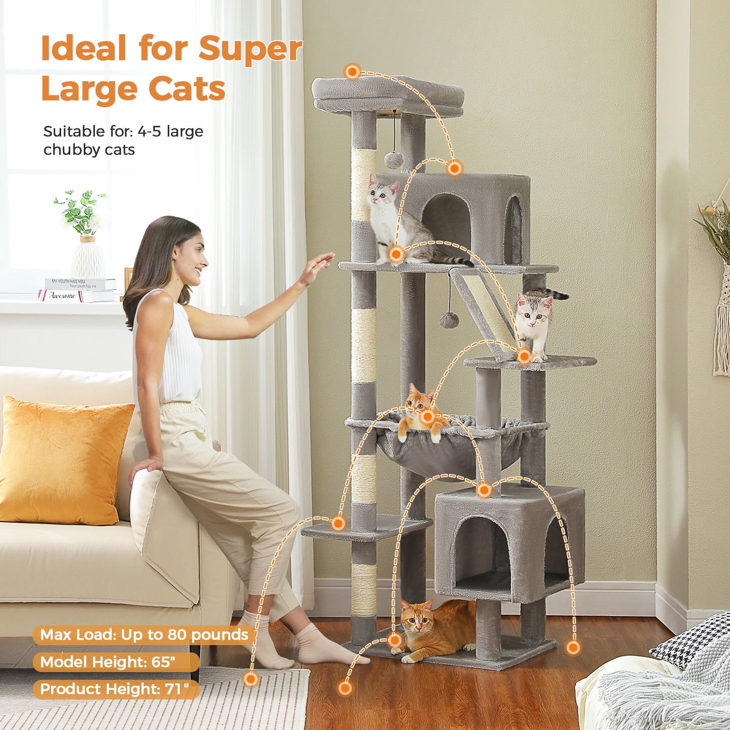 PAWZ Road Großer Kratzbaum für große Katzen | Stabiler Katzenturm mit XXL-Hängematte | 4 Sisal-Kratzsäulen & 2 geräumige Schlafhäuser | Ideal für Maine Coon Katzen | Höhe 180 cm