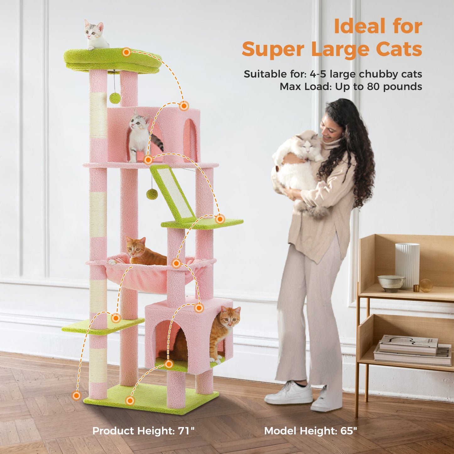 PAWZ Road Großer Kratzbaum für große Katzen | Stabiler Katzenturm mit XXL-Hängematte | 4 Sisal-Kratzsäulen & 2 geräumige Schlafhäuser | Ideal für Maine Coon Katzen | Höhe 180 cm