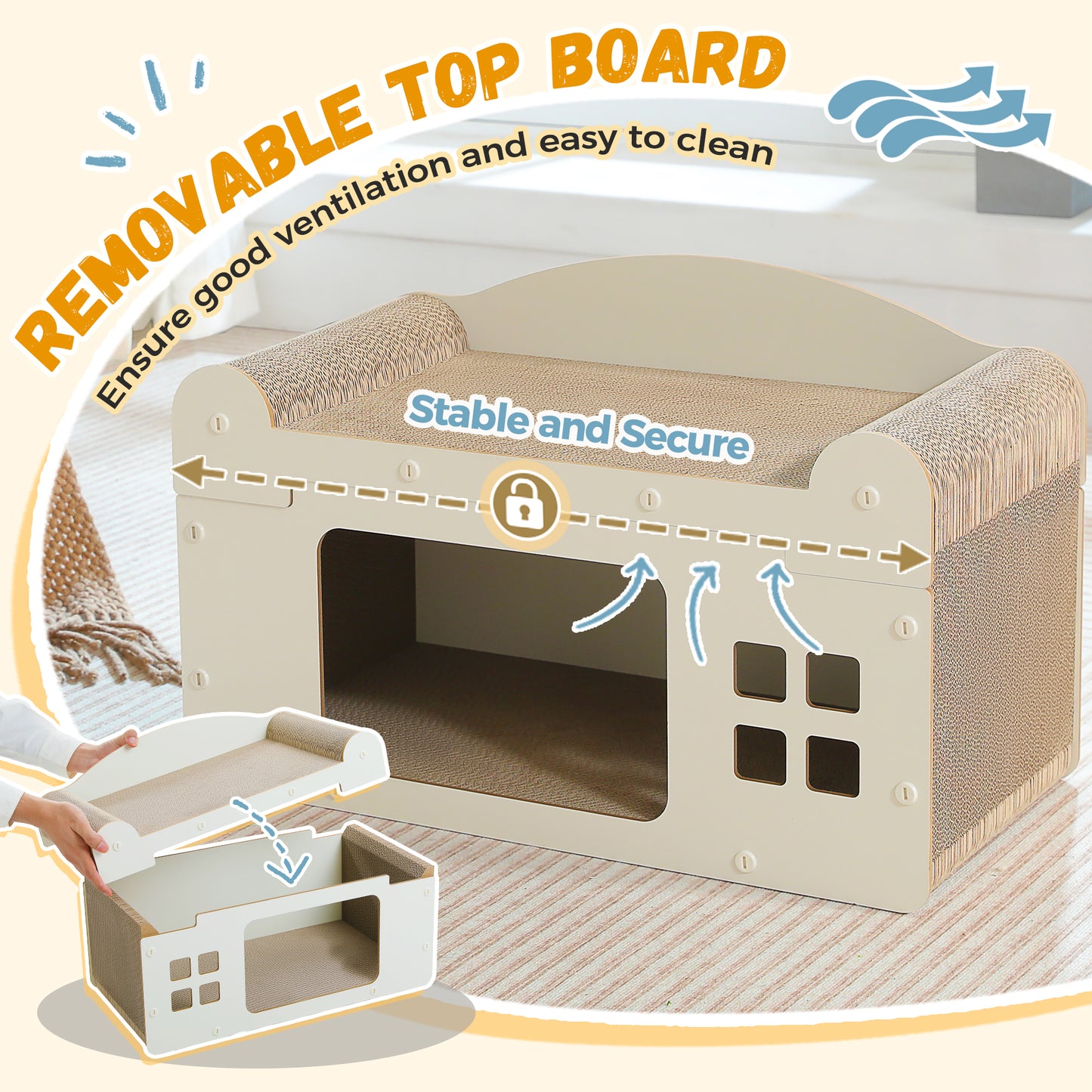 PAWZ Road Casa para Gatos con Tapa Desmontable y Rascador | Construcción de Cartón Ondulado de Alta Densidad de Doble Capa | Casa para Gatos 2 en 1 + Función de Rascado | Ventilada y Lavable