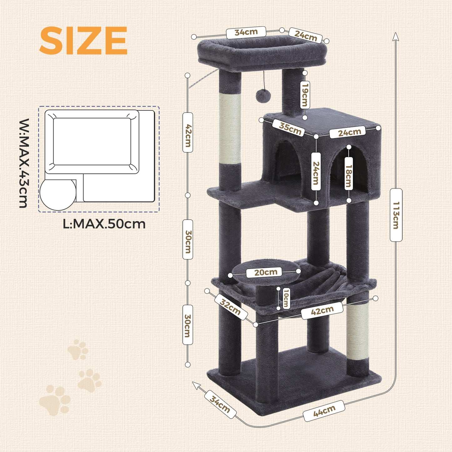 « Ensemble de protection Kippschutz » PAWZ Road Arbre à chats - Hamac métallique + Plates-formes multi-niveaux|Base XXL 50×43cm (pour 2-3 chats)