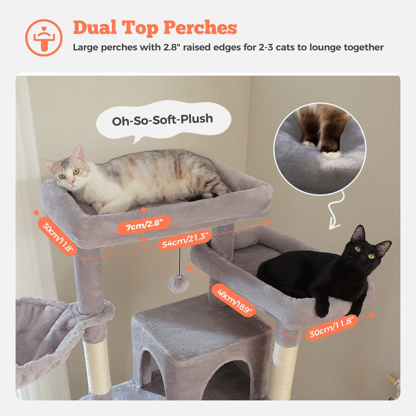 PAWZ Road 81 Zoll hoher Kratzbaum für Wohnungskatzen | Großes Modell für ausgewachsene Katzen | Mehretagiger Katzenbaum mit stabilem Metallrahmen-Hängematte | 2-in-1 Kratzrampe | 2 erhöhte Liegeflächen | 2 gemütliche Schlafhäuschen | 6 Kratzpfosten