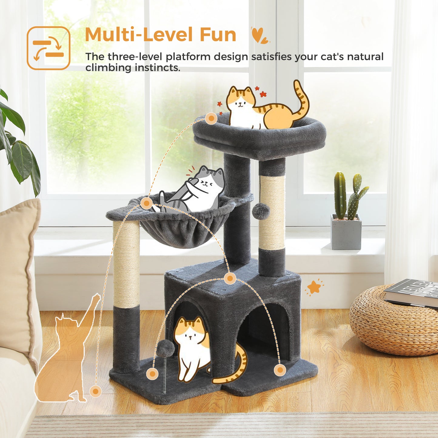 PAWZ Road – Mehrstöckiges Kletterparadies für Katzen | 106 cm | Robuste Sisal-Kratzsäulen | Stabile Etagenplattformen