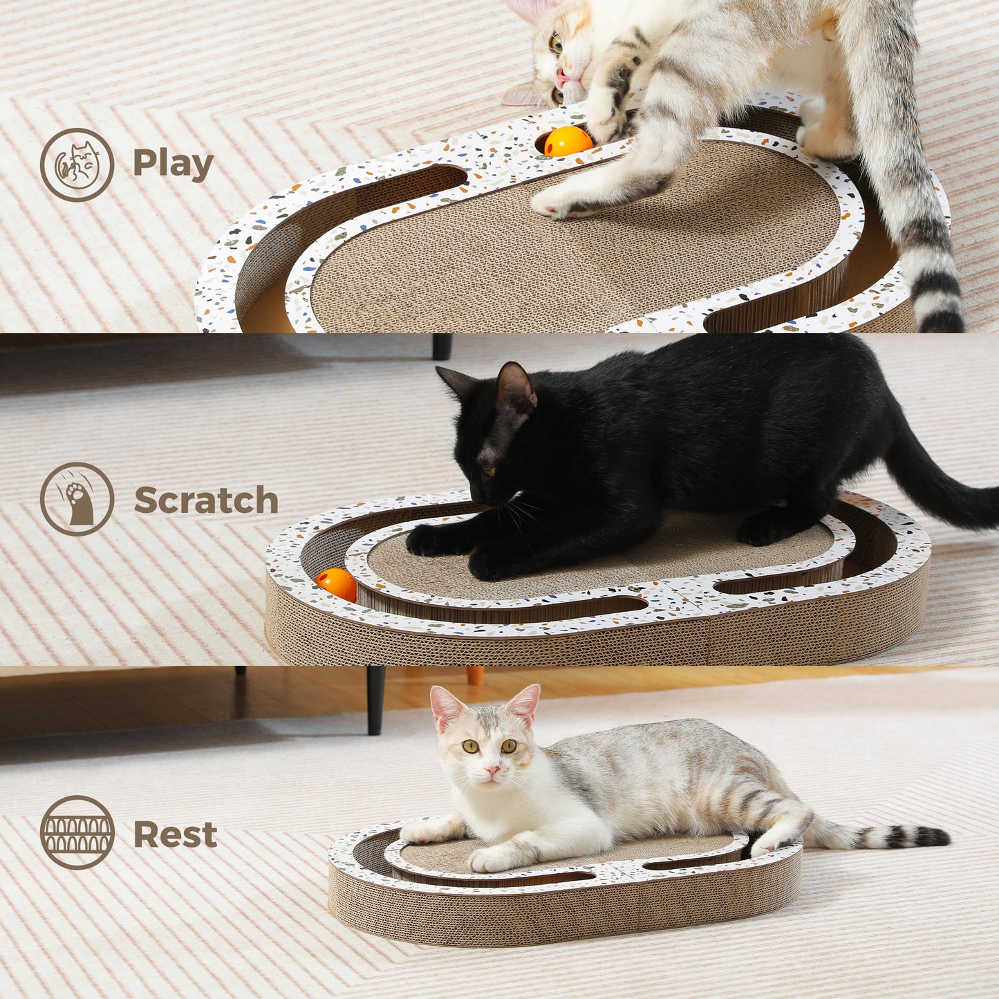 PAWZ Road Verstärkte Wellpappe-Kratzbrett für Katzen | 55 cm XXL-Größe + Spielball-Zubehör | Kratzfest und langlebig | Kombiniert Spielen, Kratzen & Ruhen in einem