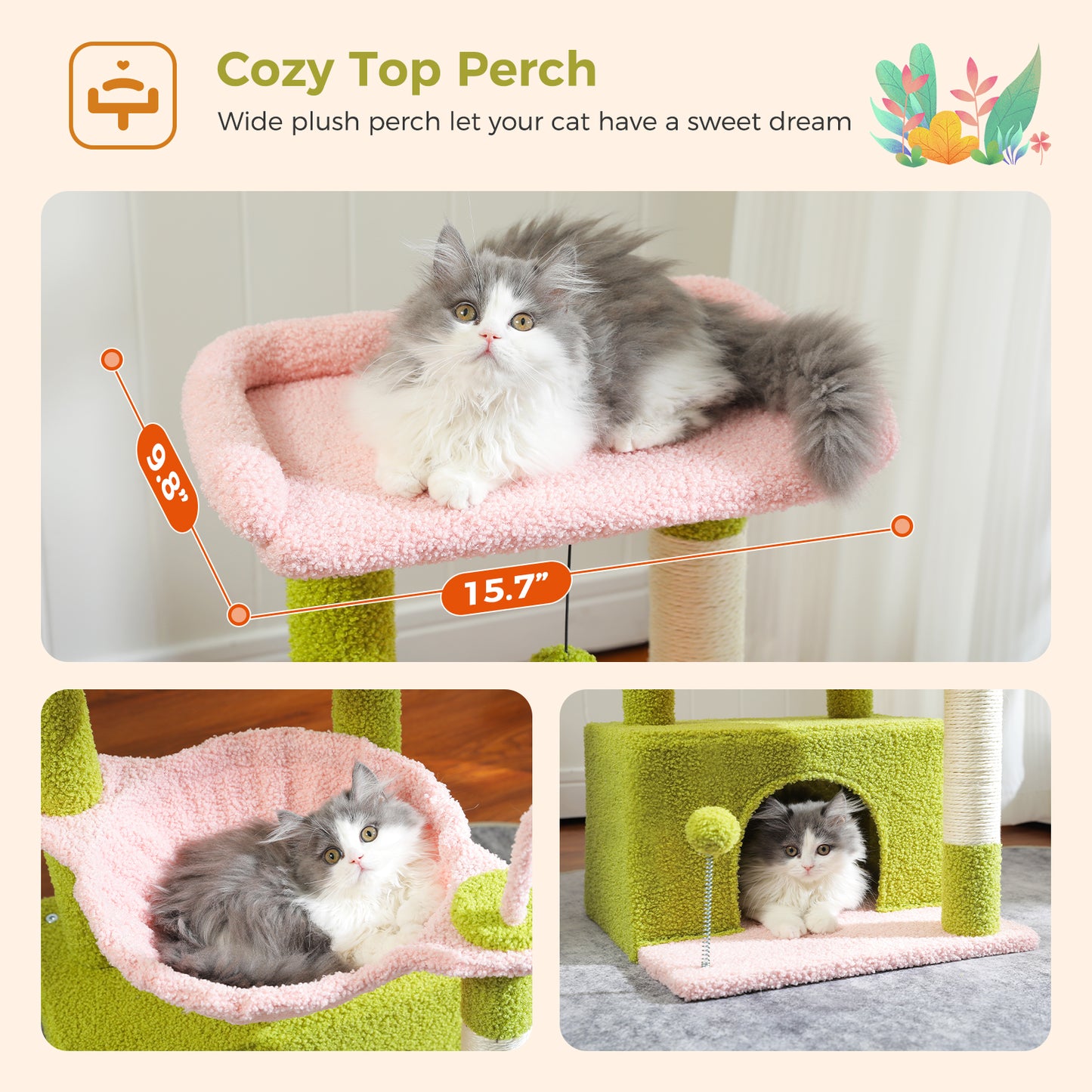 PEQULTI 4-in-1 Cactus Cat Tree | 84 cm Cat Tower | with XXL Sleeping House | Sisal Posts | Deep Hammock | Observation Deck