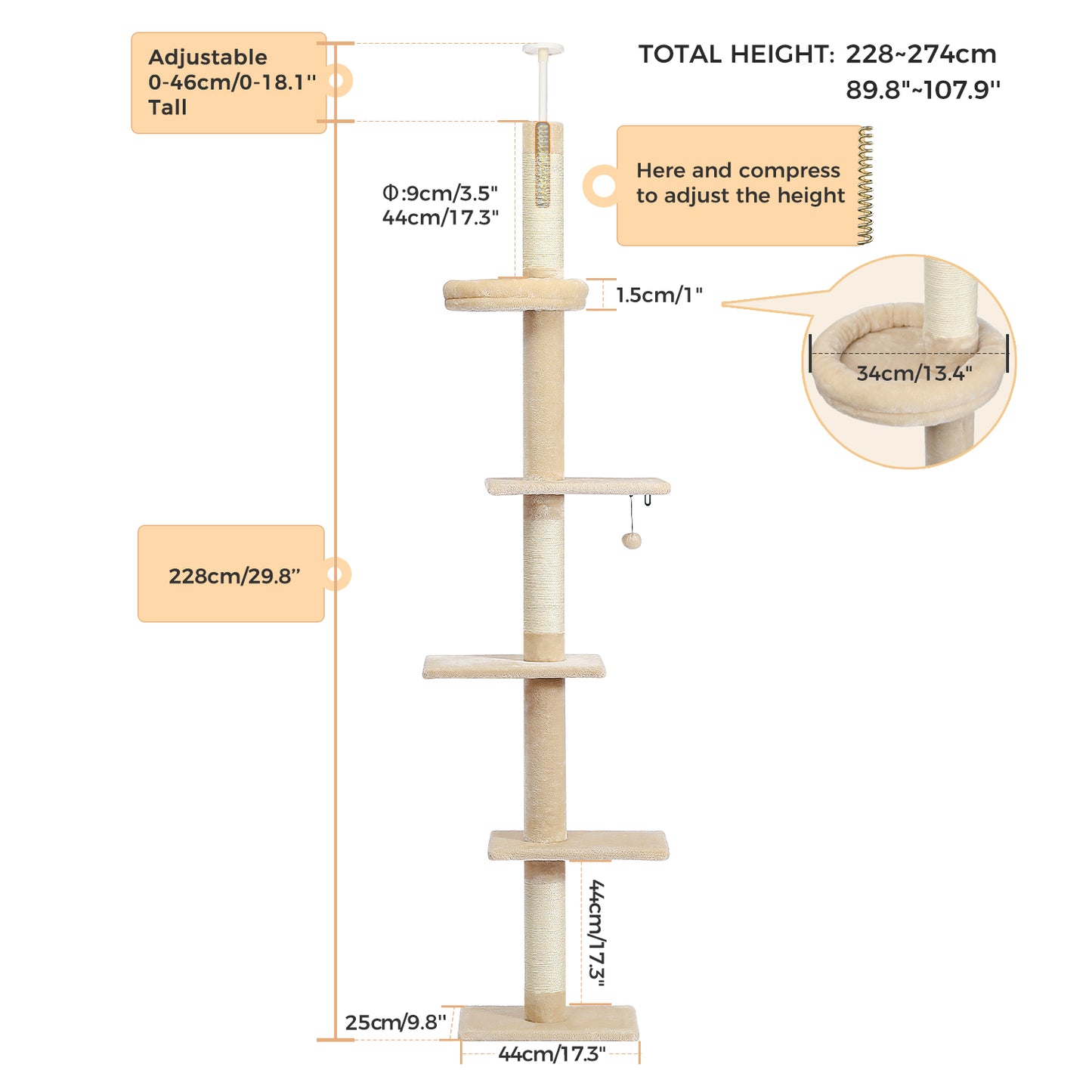 Árbol rascador XXL hasta el techo con montaje en pared | 5 niveles | Altura ajustable 228~274cm (89,8~107,9 pulgadas) | Postes de sisal natural extra gruesos | Cojines para dormir acogedores | Juguetes colgantes | Para razas de gatos grandes