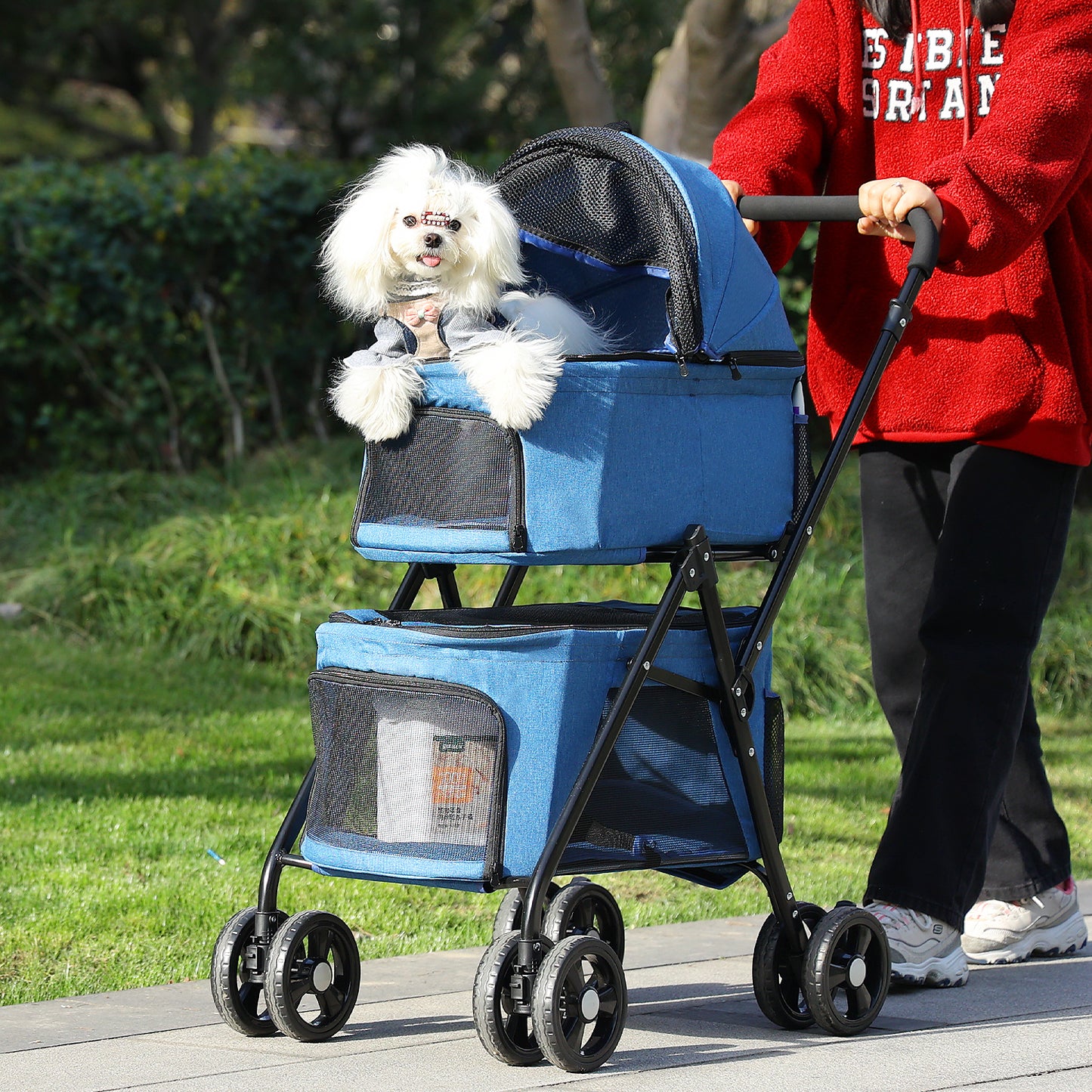 Passeggino pieghevole per cani - Sospensione a 360° + tetto ventilato a 2 stadi | Ingresso senza cerniera | Cintura di sicurezza