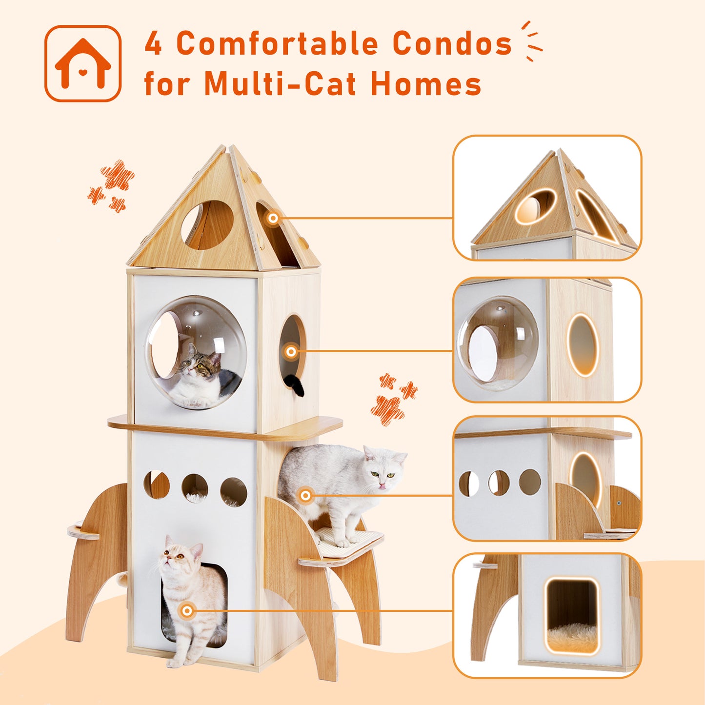 PEQULTI - Rocket Cat Tree with 360° Panorama + 4 Sleeping Caves|Removable Scratching Surface|Space-Saving Design