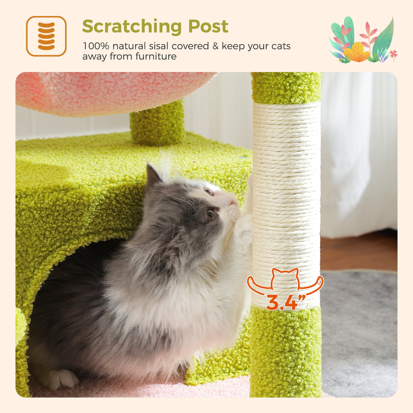 PEQULTI 4-in-1 Cactus Cat Tree | 84 cm Cat Tower | with XXL Sleeping House | Sisal Posts | Deep Hammock | Observation Deck