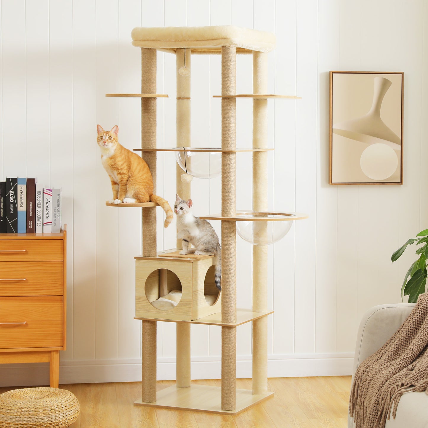 PAWZ Road Großer Katzenbaum 180 cm – Holz-Kratzturm mit Acryl-Kugelnestern | Kratzsäulen & XL-Schlafplattform für große Katzen