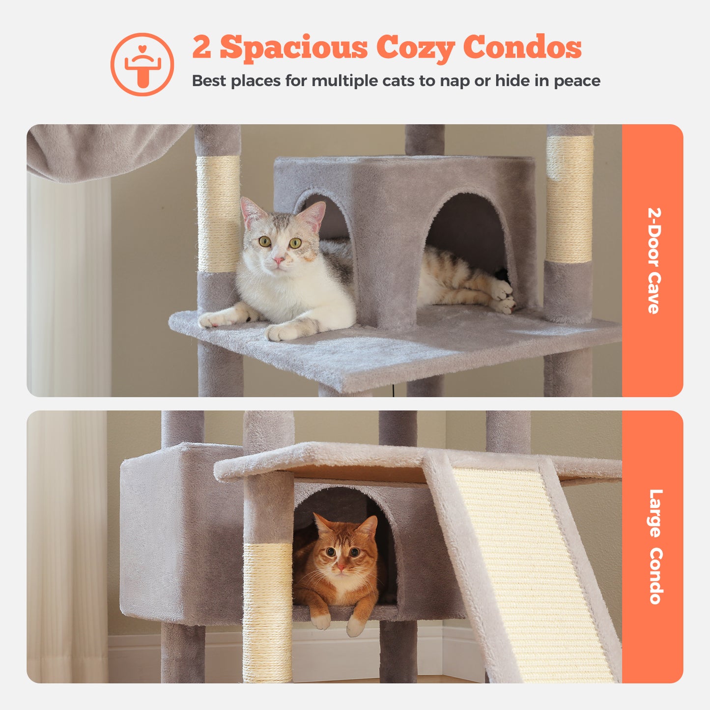 PAWZ Road 81 Zoll hoher Kratzbaum für Wohnungskatzen | Großes Modell für ausgewachsene Katzen | Mehretagiger Katzenbaum mit stabilem Metallrahmen-Hängematte | 2-in-1 Kratzrampe | 2 erhöhte Liegeflächen | 2 gemütliche Schlafhäuschen | 6 Kratzpfosten