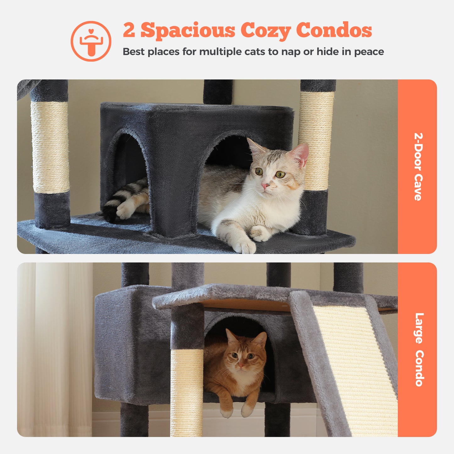 PAWZ Road 81 Zoll hoher Kratzbaum für Wohnungskatzen | Großes Modell für ausgewachsene Katzen | Mehretagiger Katzenbaum mit stabilem Metallrahmen-Hängematte | 2-in-1 Kratzrampe | 2 erhöhte Liegeflächen | 2 gemütliche Schlafhäuschen | 6 Kratzpfosten