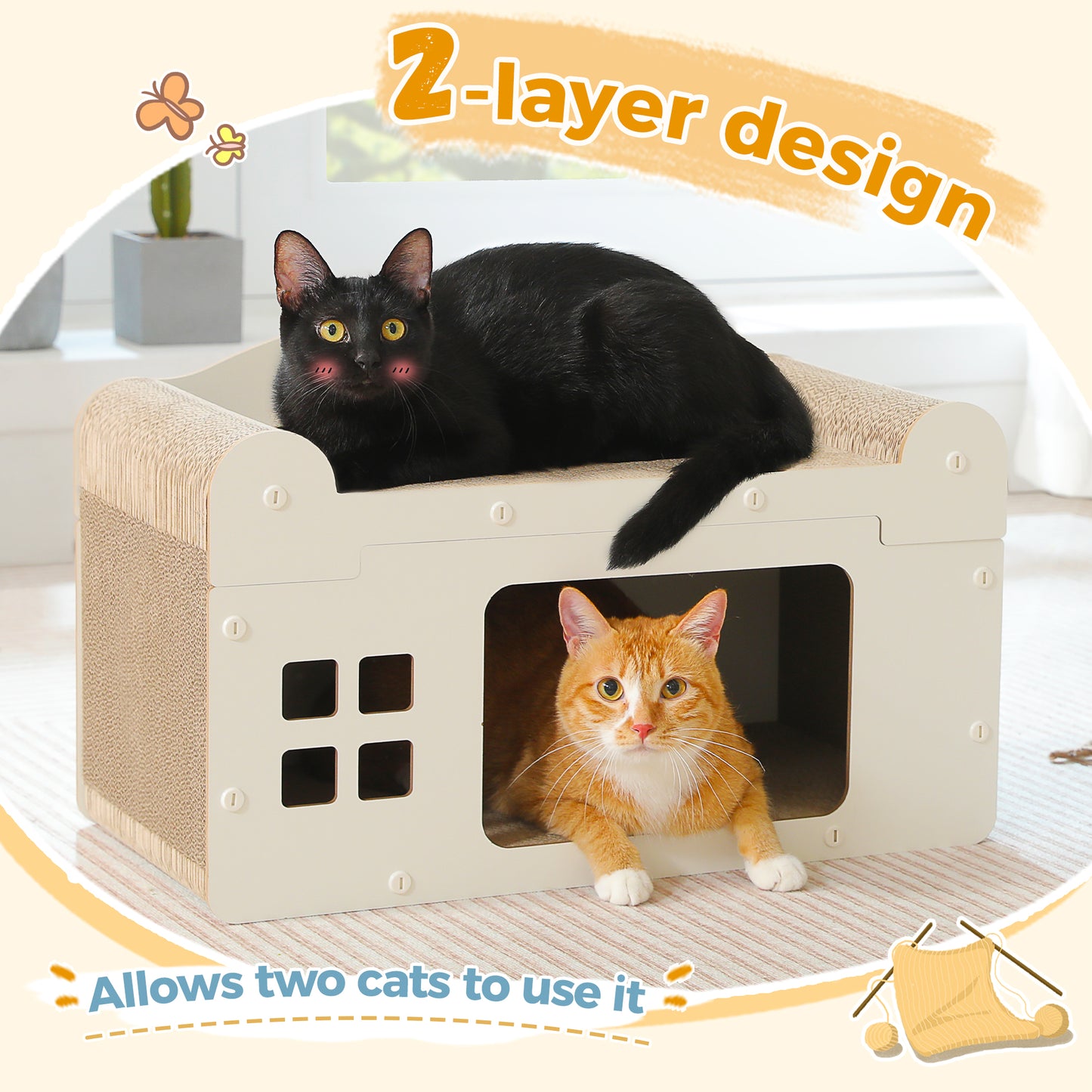 PAWZ Road Casa para Gatos con Tapa Desmontable y Rascador | Construcción de Cartón Ondulado de Alta Densidad de Doble Capa | Casa para Gatos 2 en 1 + Función de Rascado | Ventilada y Lavable