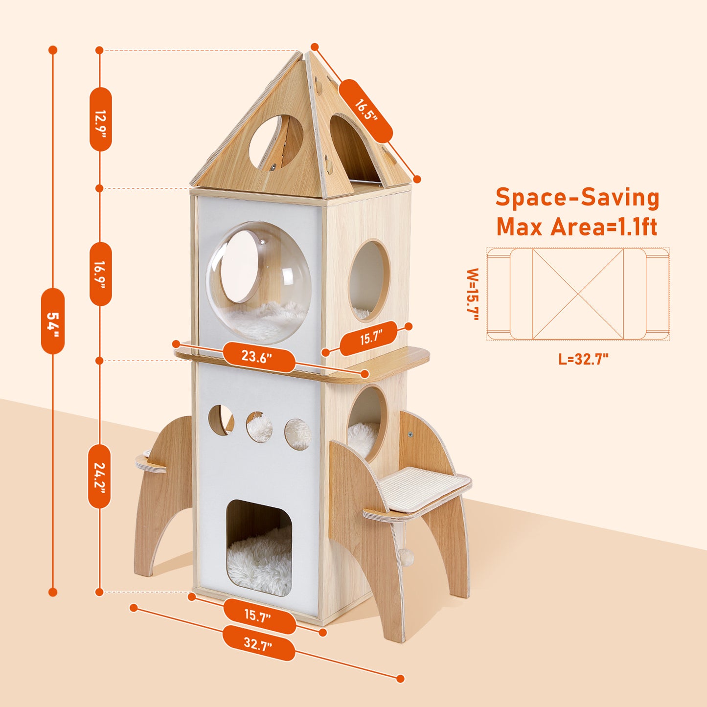 PEQULTI - Rocket Cat Tree with 360° Panorama + 4 Sleeping Caves|Removable Scratching Surface|Space-Saving Design