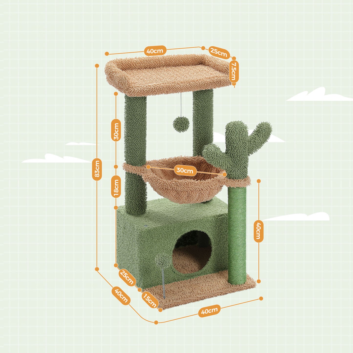 PAWZ Road 4-in-1 Kaktus-Katzenbaum | 84 cm Katzenturm | mit XXL-Schlafhaus | Sisalpfosten | Tiefe Hängematte | Aussichtsplattform