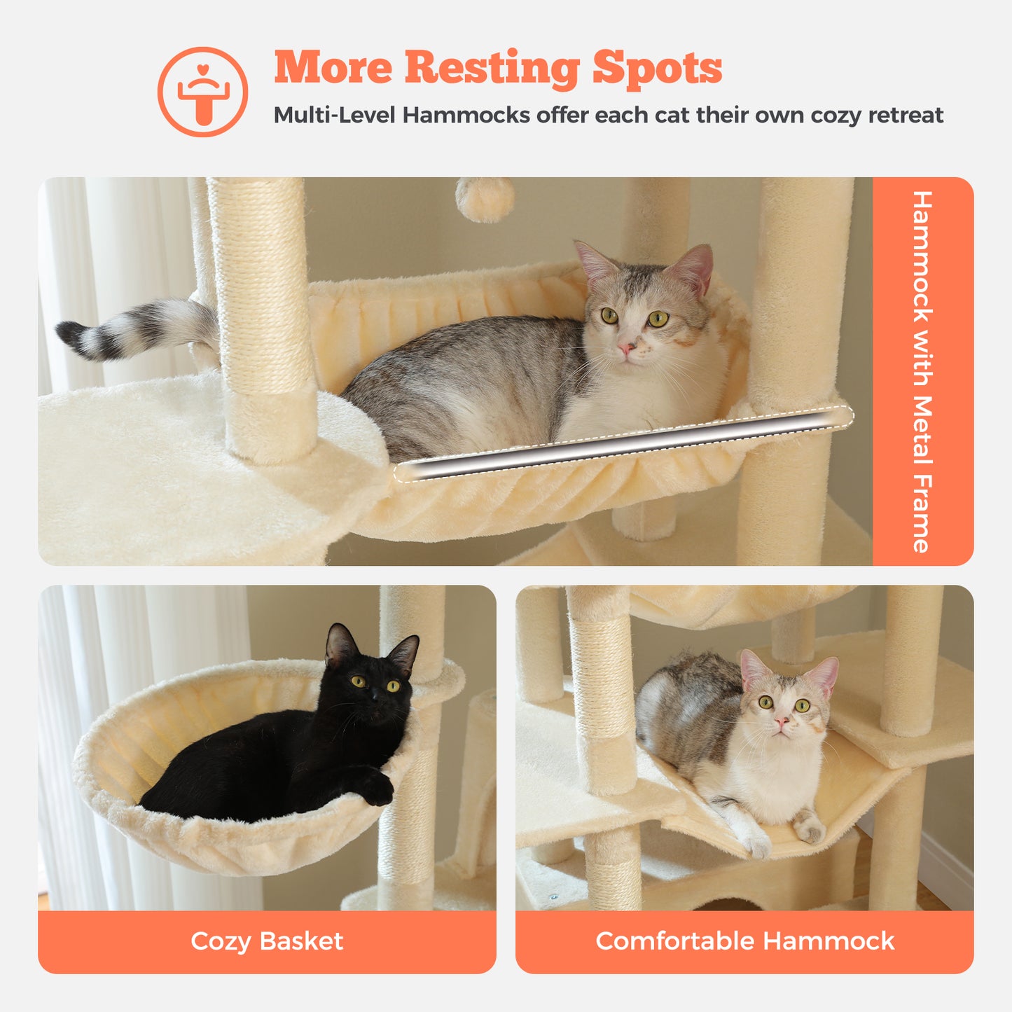PAWZ Road 81 Zoll hoher Kratzbaum für Wohnungskatzen | Großes Modell für ausgewachsene Katzen | Mehretagiger Katzenbaum mit stabilem Metallrahmen-Hängematte | 2-in-1 Kratzrampe | 2 erhöhte Liegeflächen | 2 gemütliche Schlafhäuschen | 6 Kratzpfosten