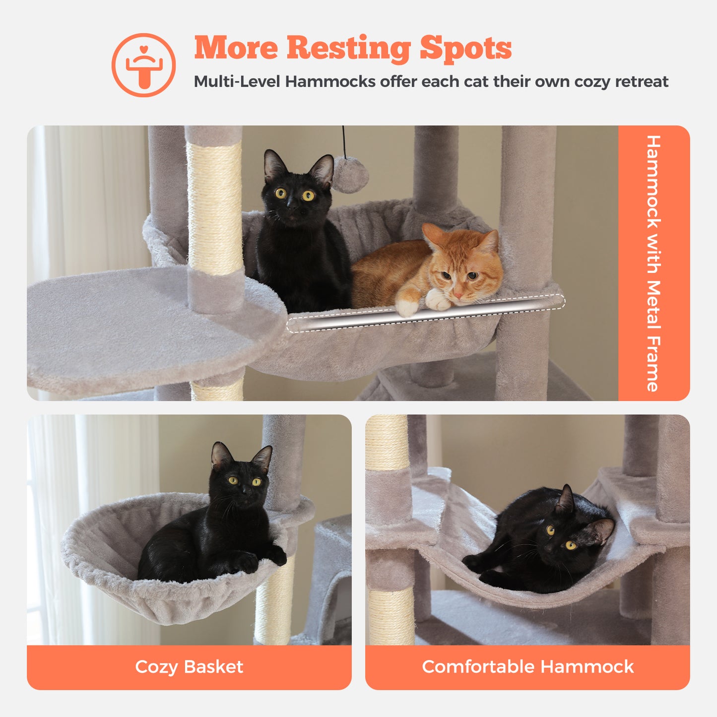 PAWZ Road 81 Zoll hoher Kratzbaum für Wohnungskatzen | Großes Modell für ausgewachsene Katzen | Mehretagiger Katzenbaum mit stabilem Metallrahmen-Hängematte | 2-in-1 Kratzrampe | 2 erhöhte Liegeflächen | 2 gemütliche Schlafhäuschen | 6 Kratzpfosten