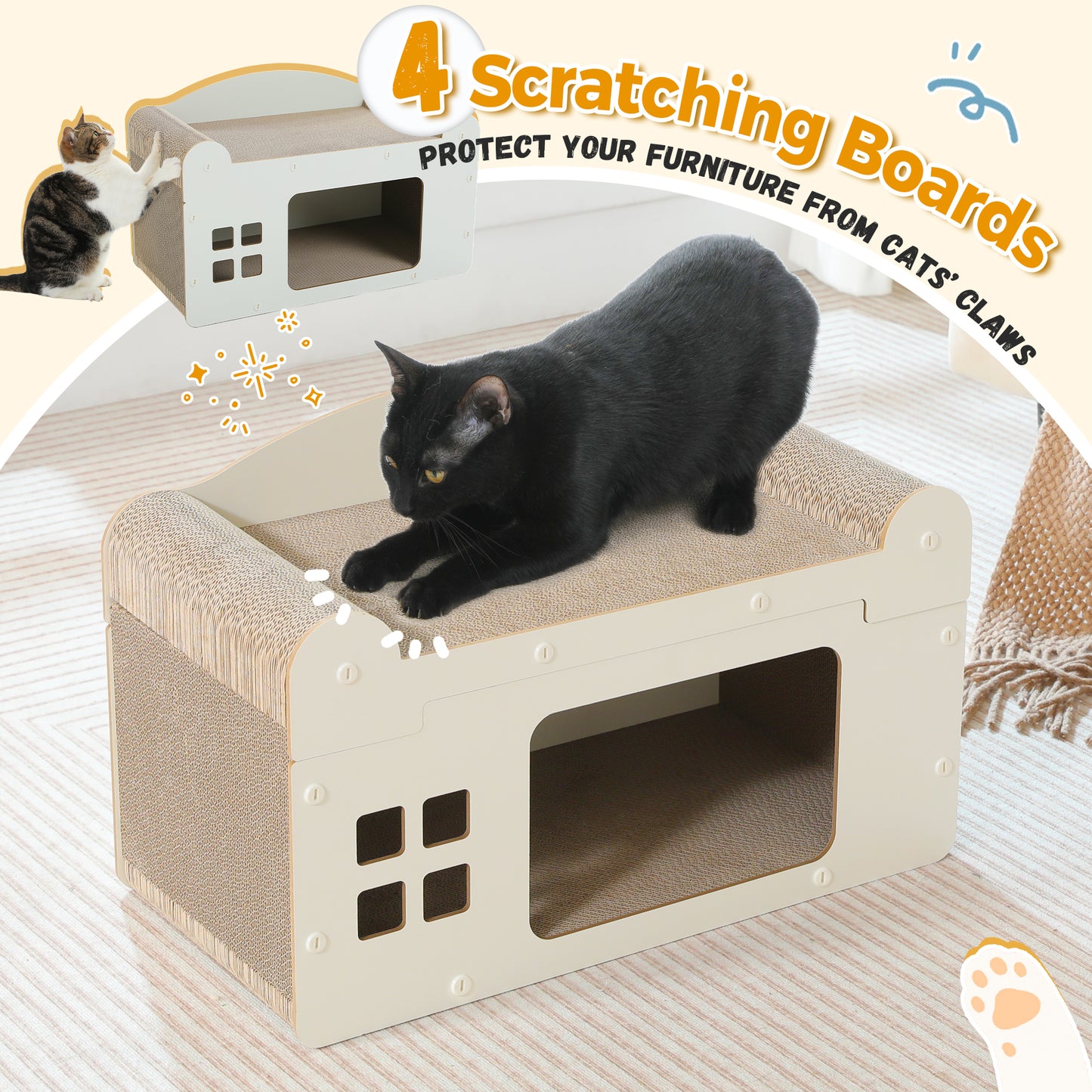 PAWZ Road Casa para Gatos con Tapa Desmontable y Rascador | Construcción de Cartón Ondulado de Alta Densidad de Doble Capa | Casa para Gatos 2 en 1 + Función de Rascado | Ventilada y Lavable