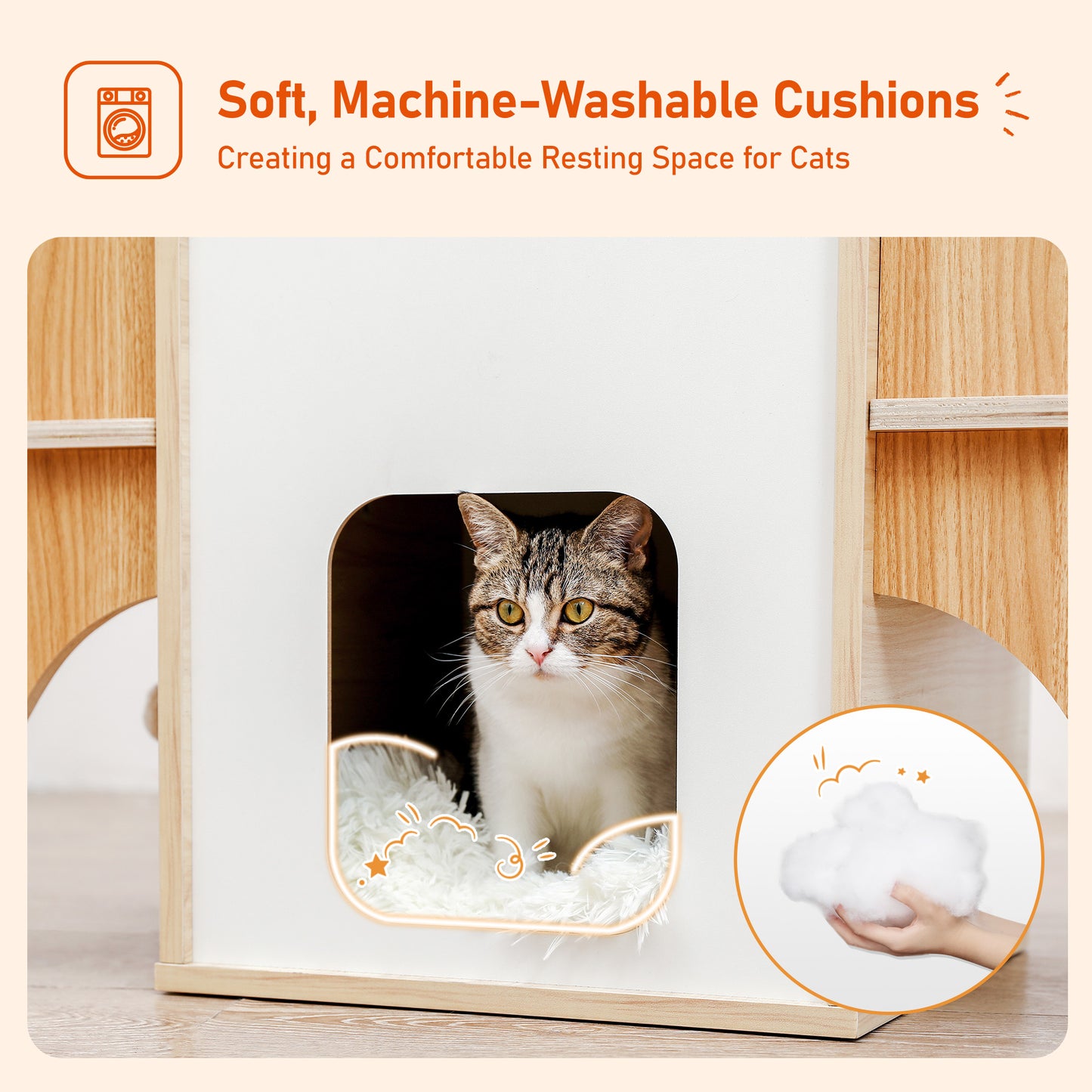 PEQULTI - Rocket Cat Tree with 360° Panorama + 4 Sleeping Caves|Removable Scratching Surface|Space-Saving Design