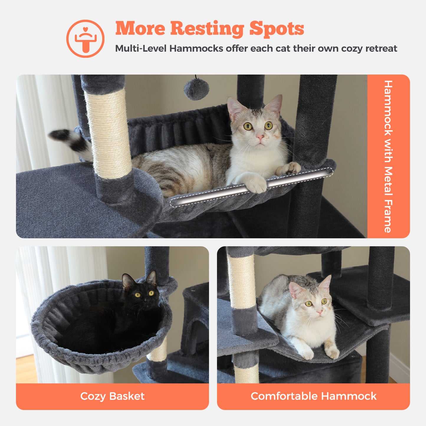 PAWZ Road 81 Zoll hoher Kratzbaum für Wohnungskatzen | Großes Modell für ausgewachsene Katzen | Mehretagiger Katzenbaum mit stabilem Metallrahmen-Hängematte | 2-in-1 Kratzrampe | 2 erhöhte Liegeflächen | 2 gemütliche Schlafhäuschen | 6 Kratzpfosten