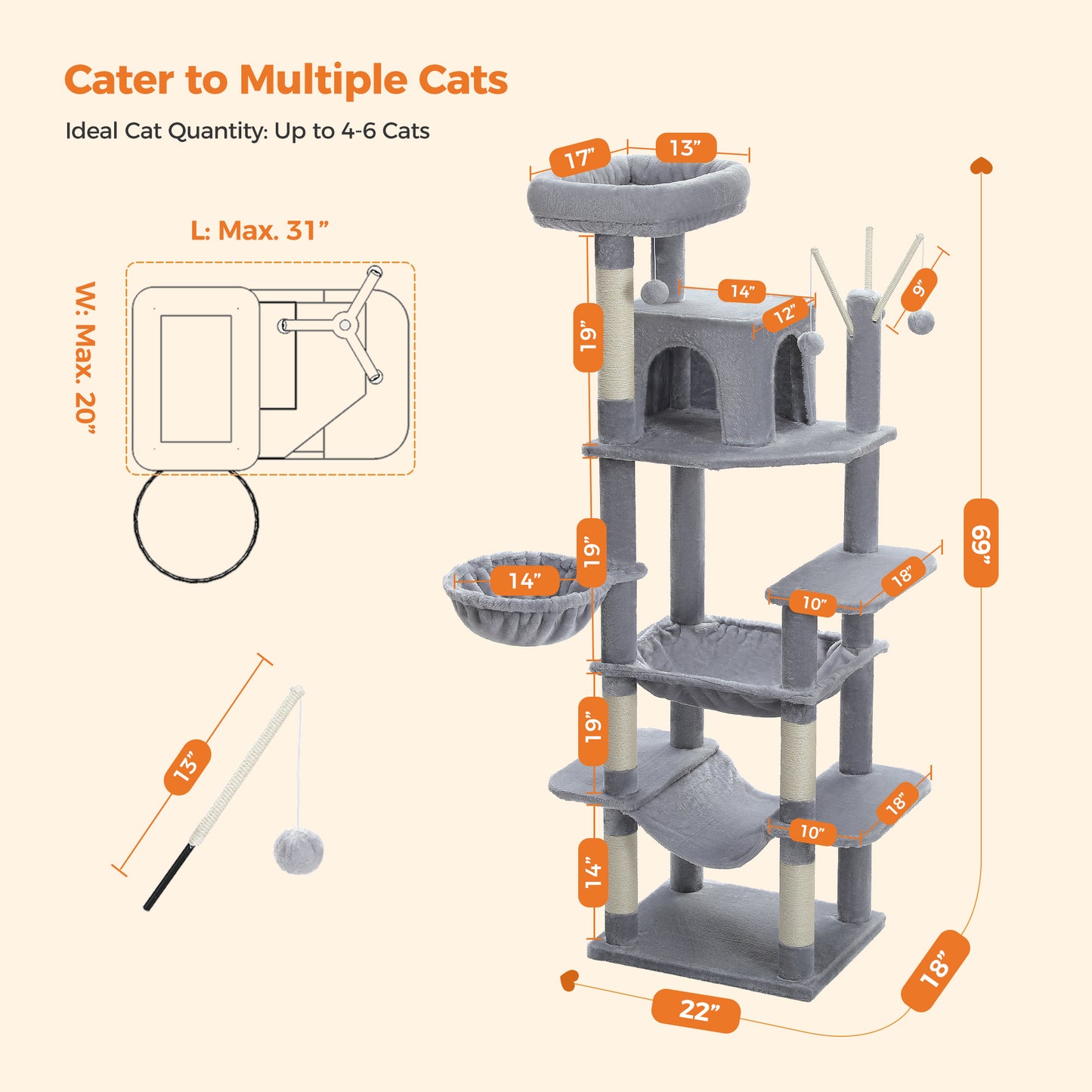 Torre per gatti PAWZ Road Premium da 180 cm | Per gatti di grandi dimensioni da interno