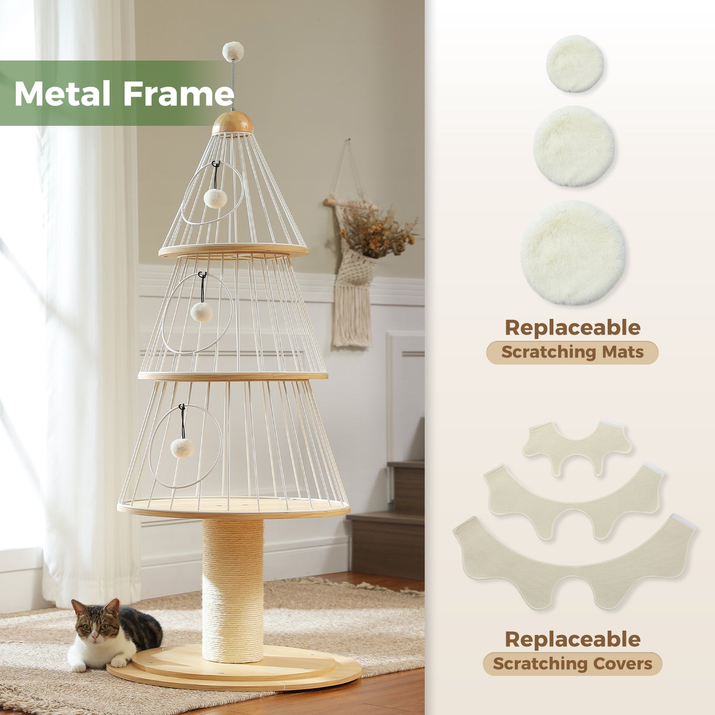 PAWZ Road Arbre de Noël pour chats, tour d'escalade multicouche de 130 cm de haut avec revêtement en sisal de 14 cm d'épaisseur pour gratter et 3 grands abris de sommeil – Arbre intérieur pour chats