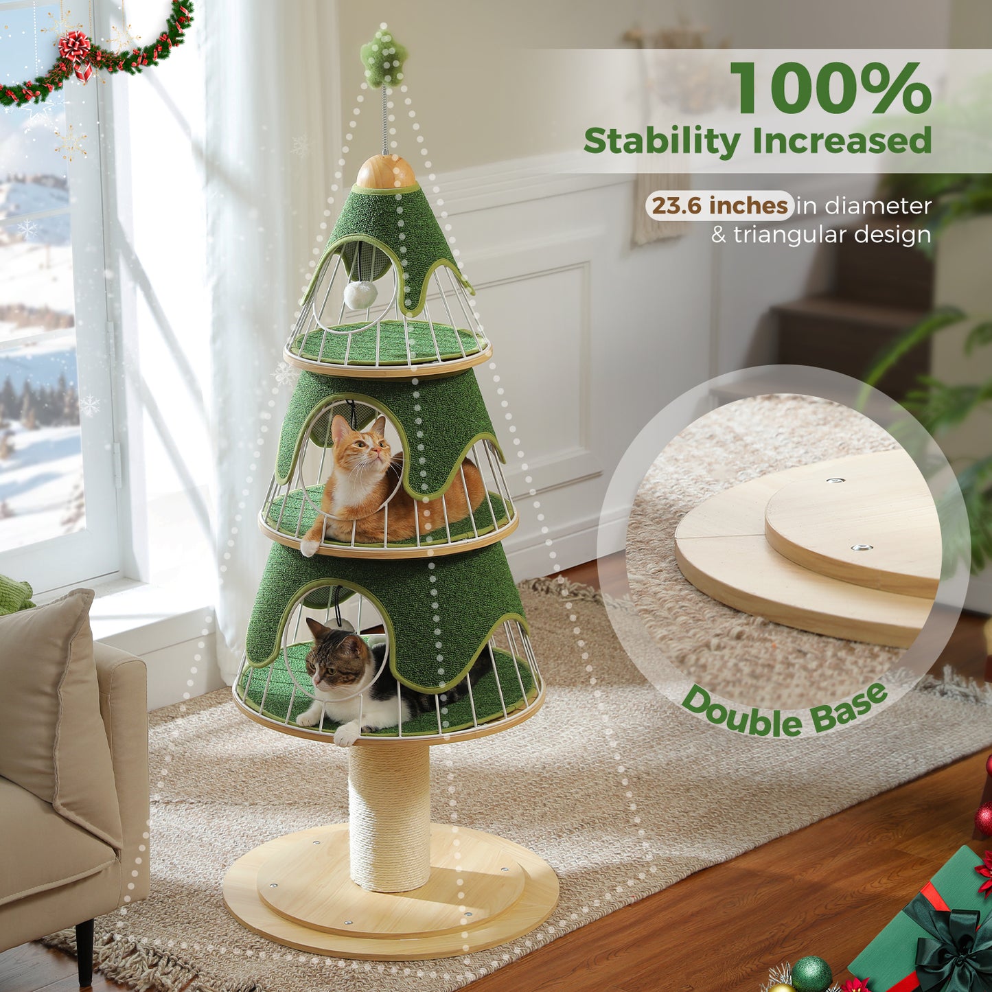PAWZ Road Arbre de Noël pour chats, tour d'escalade multicouche de 130 cm de haut avec revêtement en sisal de 14 cm d'épaisseur pour gratter et 3 grands abris de sommeil – Arbre intérieur pour chats