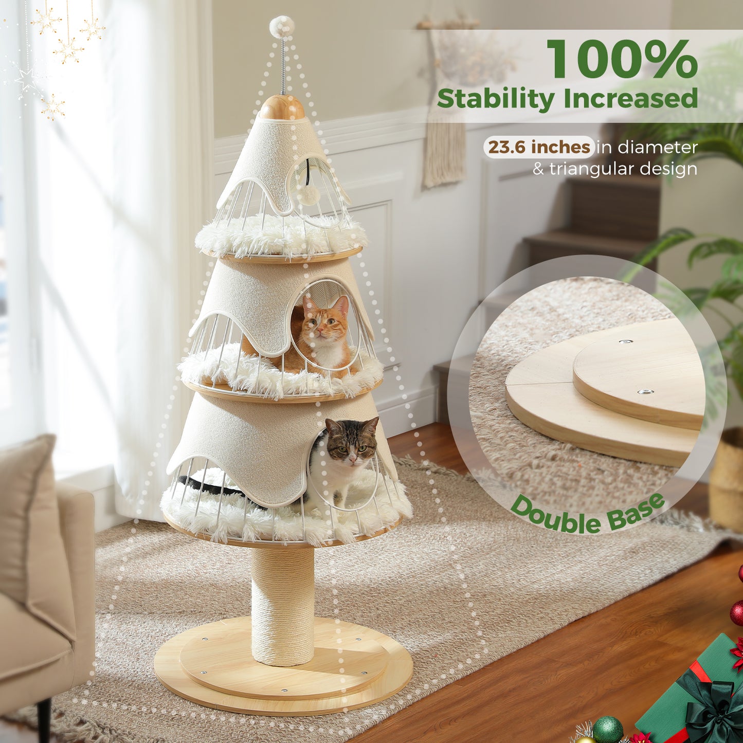 PAWZ Road Arbre de Noël pour chats, tour d'escalade multicouche de 130 cm de haut avec revêtement en sisal de 14 cm d'épaisseur pour gratter et 3 grands abris de sommeil – Arbre intérieur pour chats