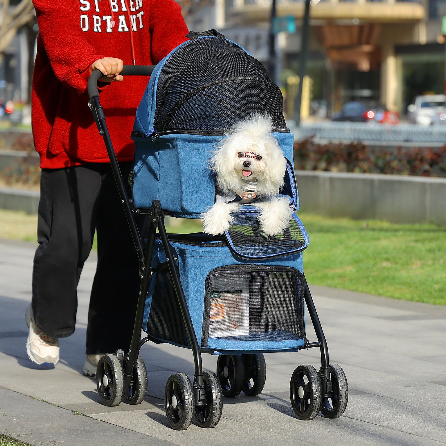 Passeggino pieghevole per cani - Sospensione a 360° + tetto ventilato a 2 stadi | Ingresso senza cerniera | Cintura di sicurezza