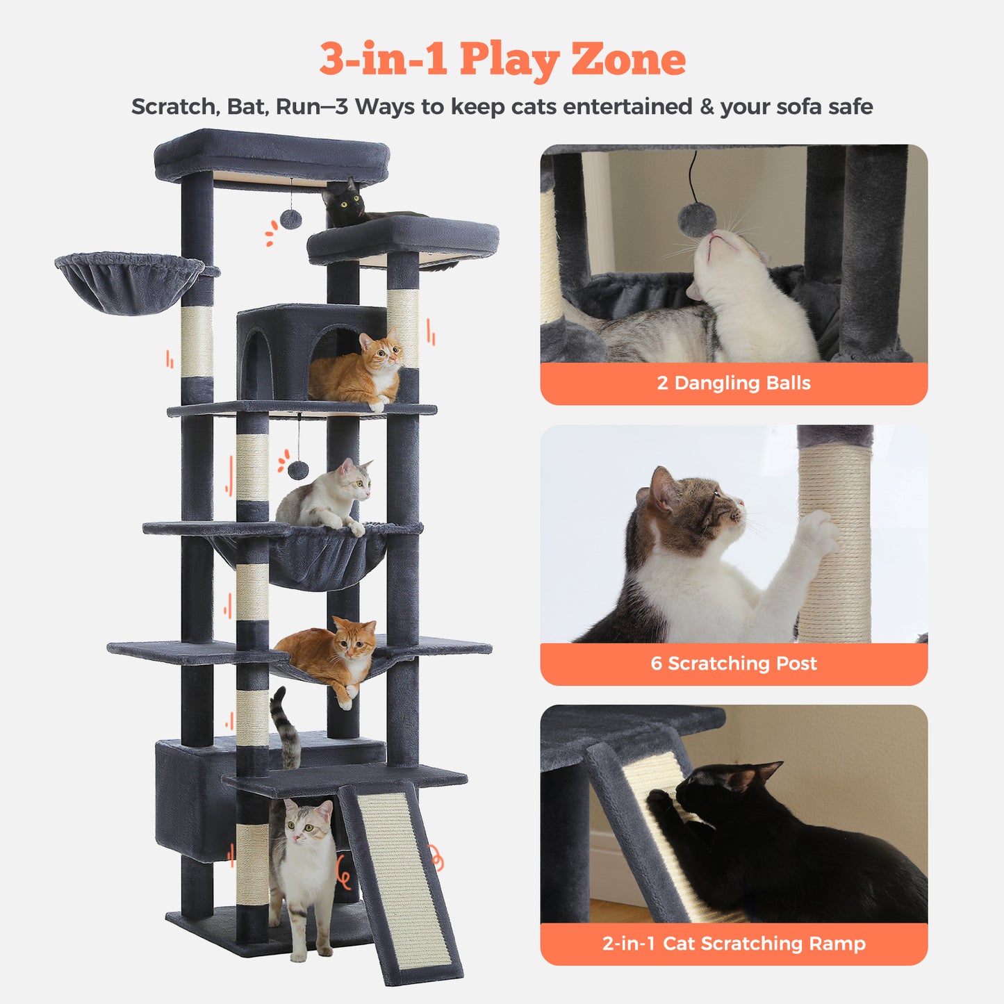 PAWZ Road 81 Zoll hoher Kratzbaum für Wohnungskatzen | Großes Modell für ausgewachsene Katzen | Mehretagiger Katzenbaum mit stabilem Metallrahmen-Hängematte | 2-in-1 Kratzrampe | 2 erhöhte Liegeflächen | 2 gemütliche Schlafhäuschen | 6 Kratzpfosten