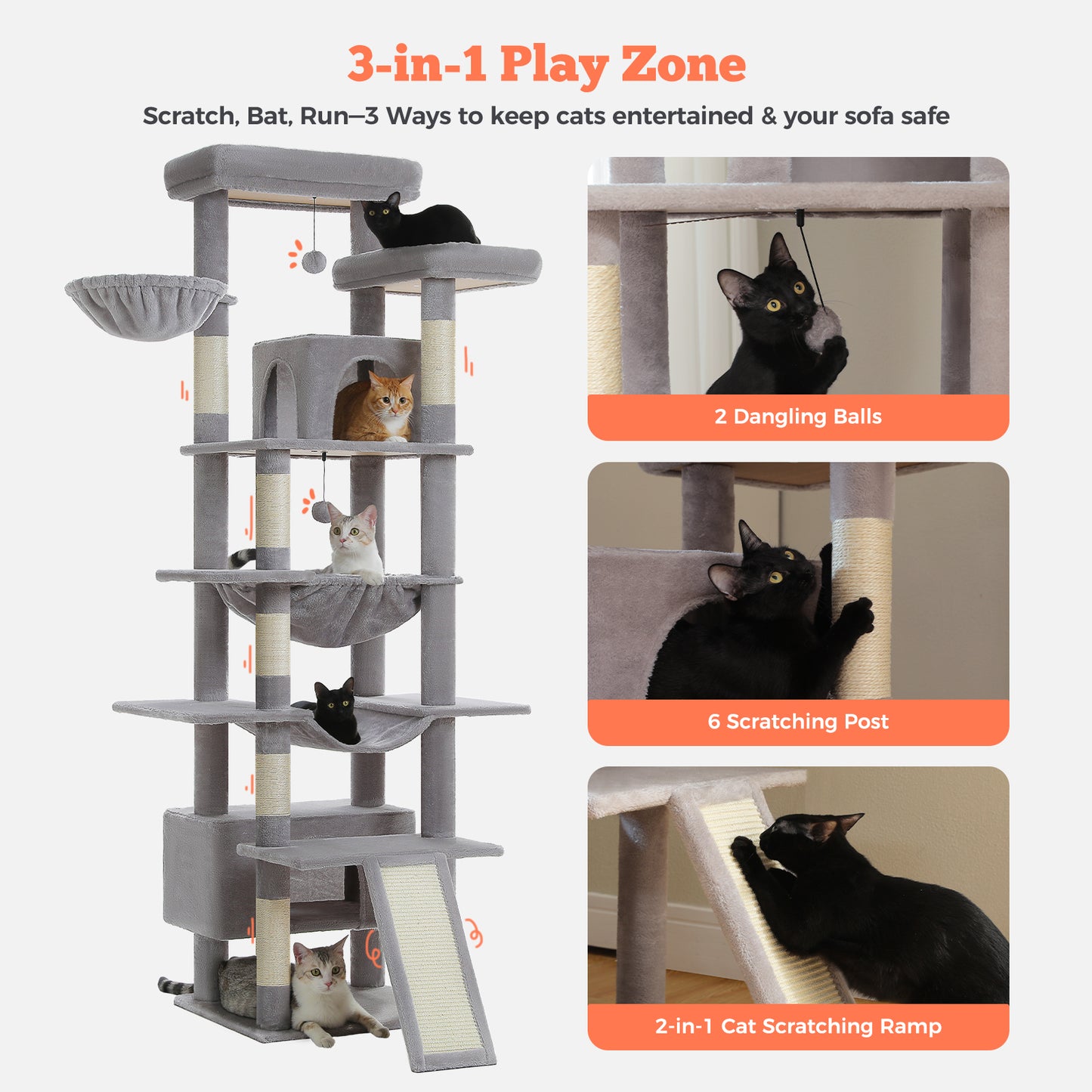 PAWZ Road 81 Zoll hoher Kratzbaum für Wohnungskatzen | Großes Modell für ausgewachsene Katzen | Mehretagiger Katzenbaum mit stabilem Metallrahmen-Hängematte | 2-in-1 Kratzrampe | 2 erhöhte Liegeflächen | 2 gemütliche Schlafhäuschen | 6 Kratzpfosten