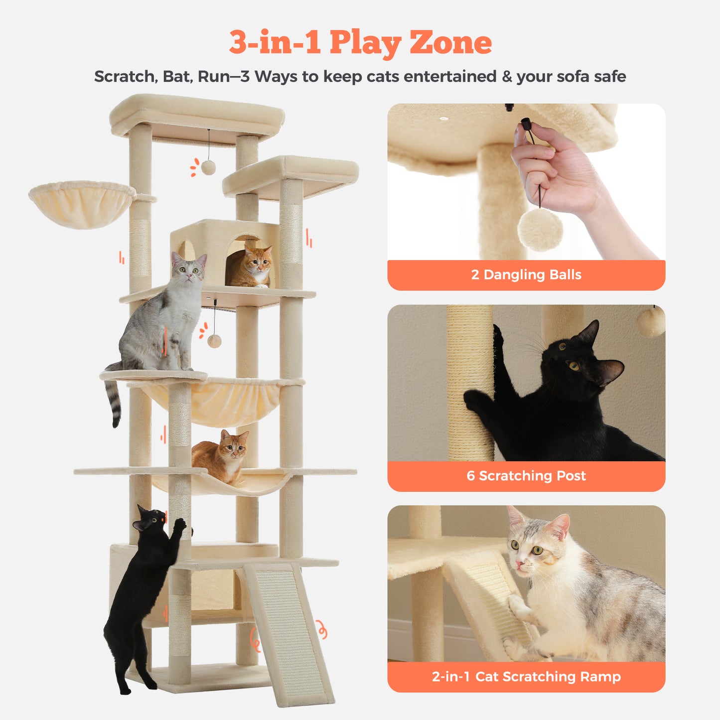 PAWZ Road 81 Zoll hoher Kratzbaum für Wohnungskatzen | Großes Modell für ausgewachsene Katzen | Mehretagiger Katzenbaum mit stabilem Metallrahmen-Hängematte | 2-in-1 Kratzrampe | 2 erhöhte Liegeflächen | 2 gemütliche Schlafhäuschen | 6 Kratzpfosten
