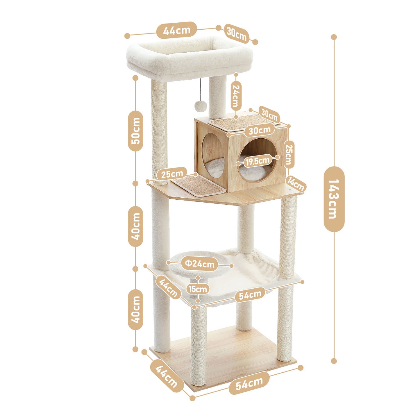 PETEPELA Arbre à chats en bois pour chats d'appartement - Tour à plusieurs niveaux avec poteaux de grattage en sisal, maison de repos confortable, hamac XXL et plateformes douillettes en pelage de lapin en tissu (beige)