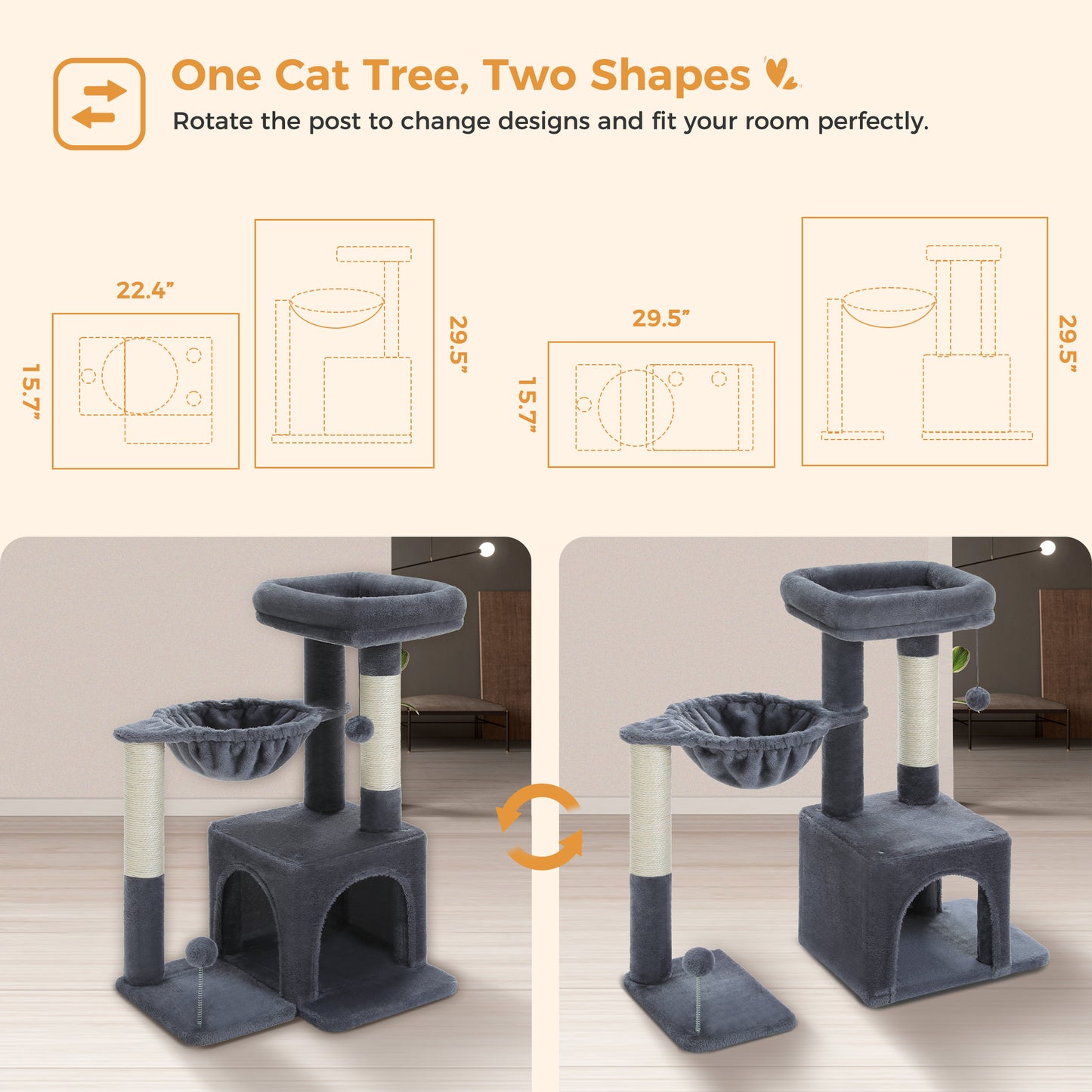 PAWZ Road – Mehrstöckiges Kletterparadies für Katzen | 106 cm | Robuste Sisal-Kratzsäulen | Stabile Etagenplattformen