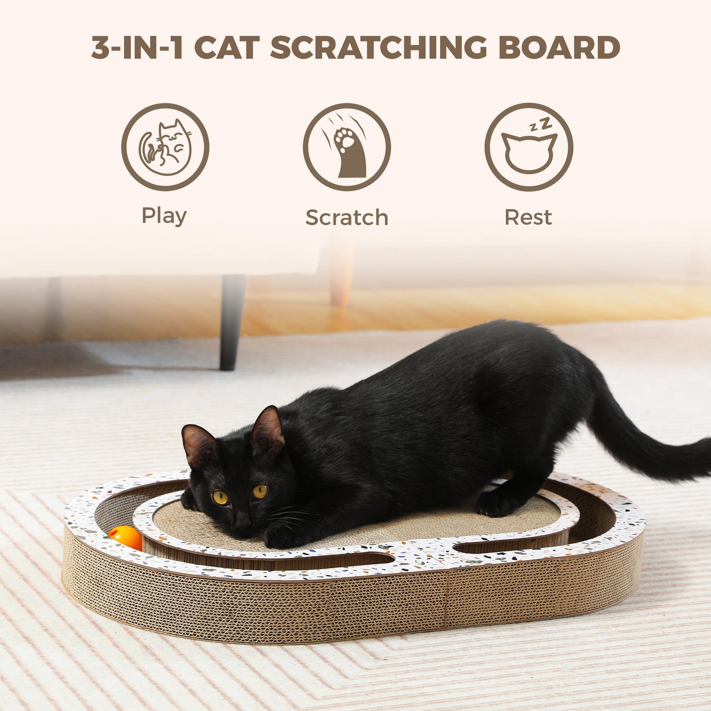 PAWZ Road Reinforced Corrugated Cardboard Cat Scratching Board | 55 cm XXL Size + Play Ball Accessory | Scratch-resistant and durable | Combines playing, scratching & resting in one