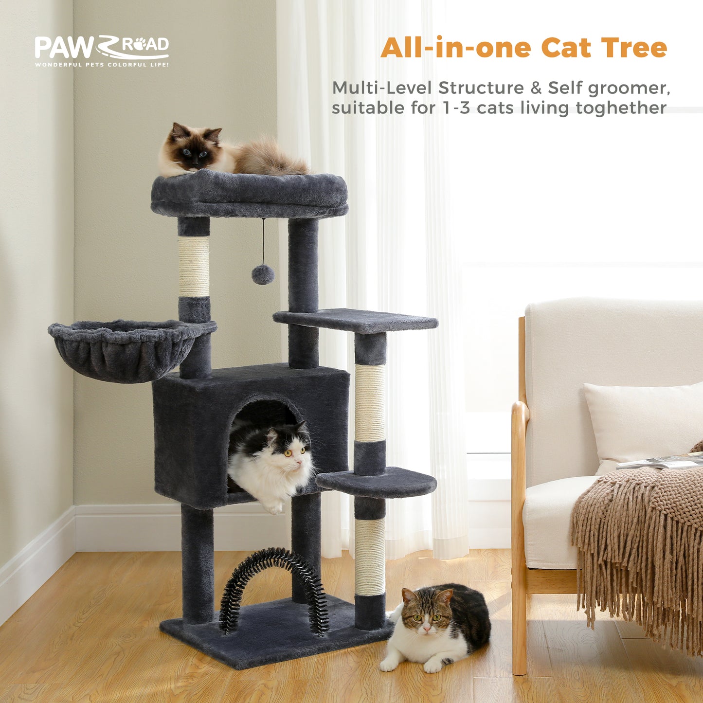 PAWZ Road 106 cm Arbre à chats avec maison de repos et perche à gratter en sisal