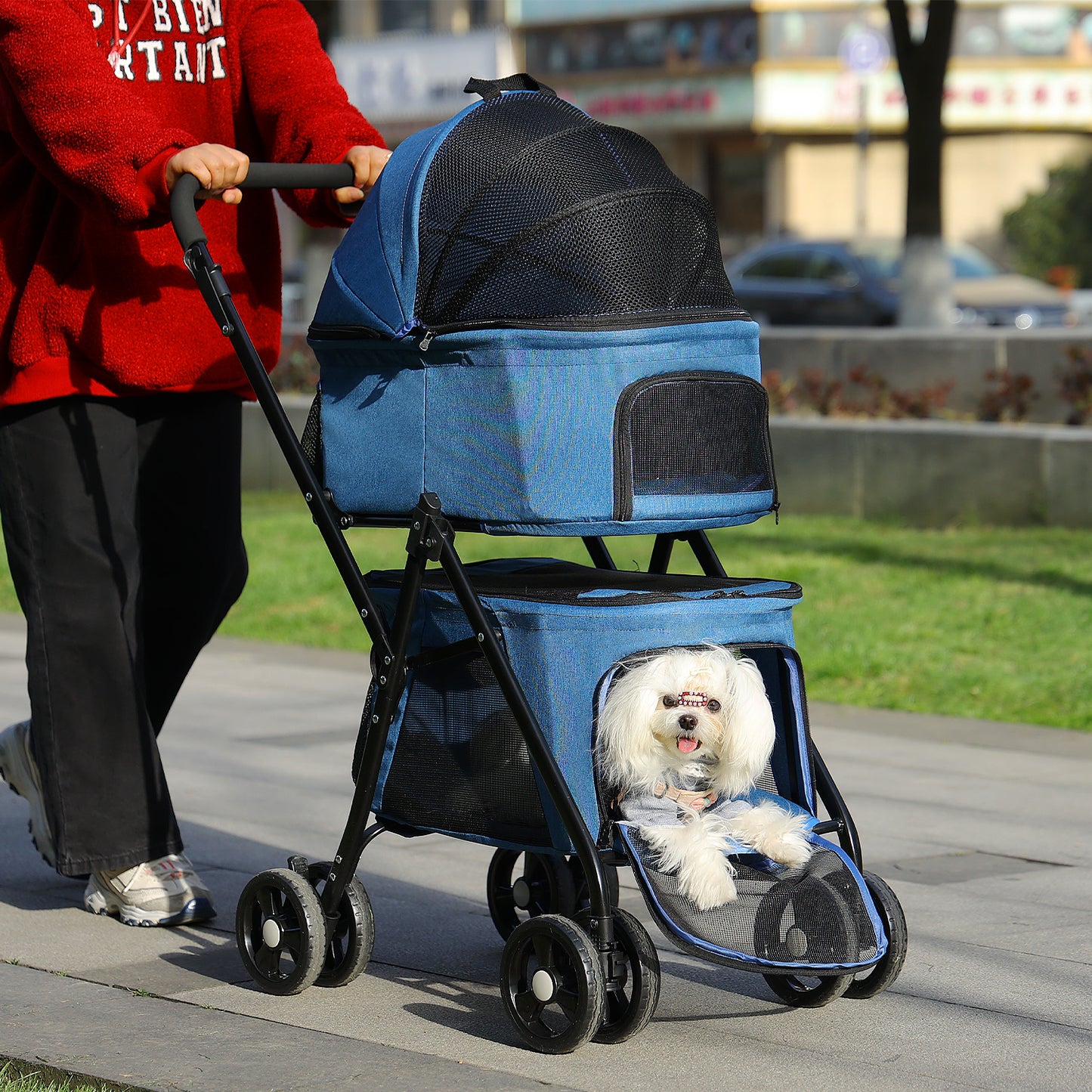Passeggino pieghevole per cani - Sospensione a 360° + tetto ventilato a 2 stadi | Ingresso senza cerniera | Cintura di sicurezza