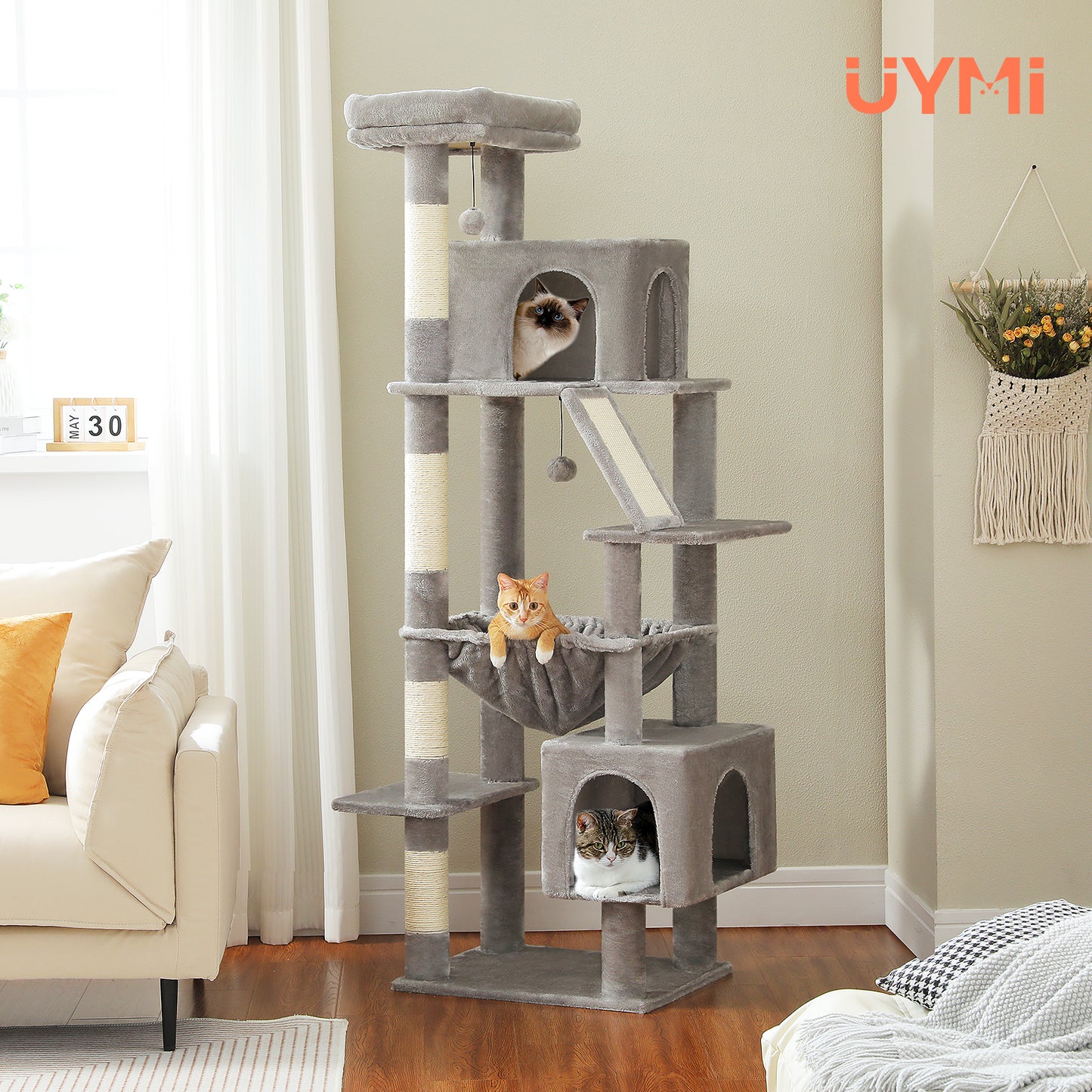 Tiragraffi PAWZ Road Grande per Gatti di Taglia Grande | Torre per Gatti Robusta con Amaca XXL | 4 Tiragraffi in Sisal e 2 Spaziose Casette | Ideale per Gatti Maine Coon | Altezza 180 cm