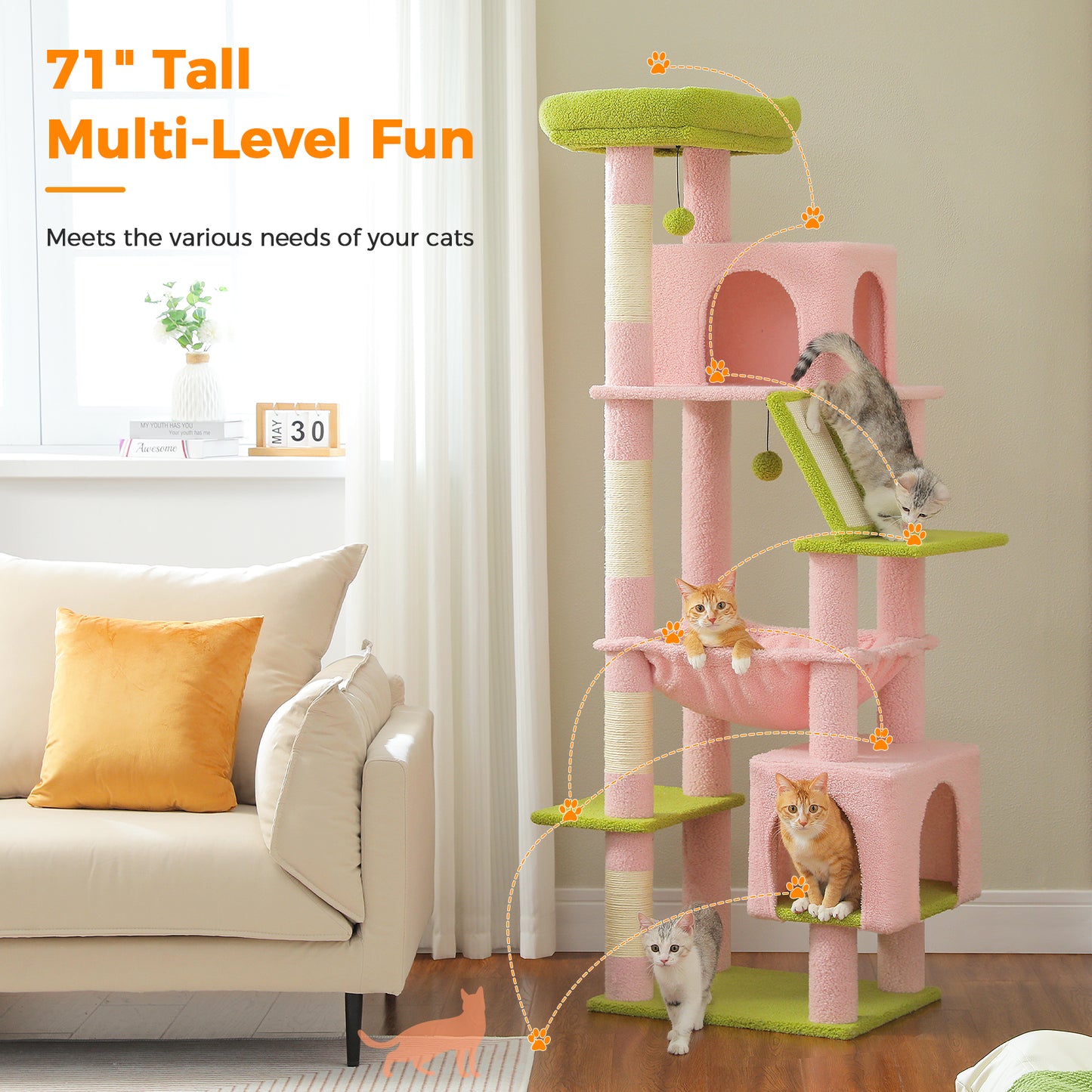 Tiragraffi PAWZ Road Grande per Gatti di Taglia Grande | Torre per Gatti Robusta con Amaca XXL | 4 Tiragraffi in Sisal e 2 Spaziose Casette | Ideale per Gatti Maine Coon | Altezza 180 cm