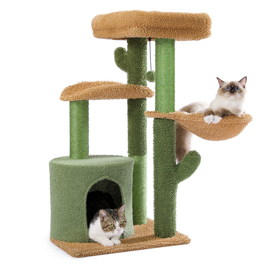 PAWZ Road Kaktus-Katzenkratzbaum 90 cm - Grüner Katzenturm mit Sisalstangen + gemütlichem Katzenbett | Mehrstöckige Plattformen + Hängematte (inkl. Spielball)