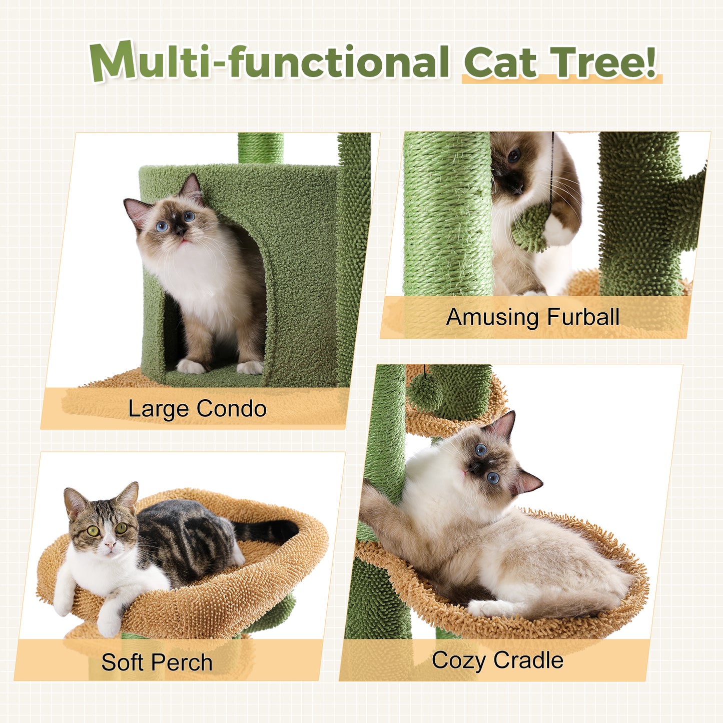 PAWZ Road Cactus Cat Scratching Post 90 cm - Green Cat Tower with Sisal Perches + Cozy Cat Bed | Multi-Level Platforms + Hammock (incl. Play Ball)
