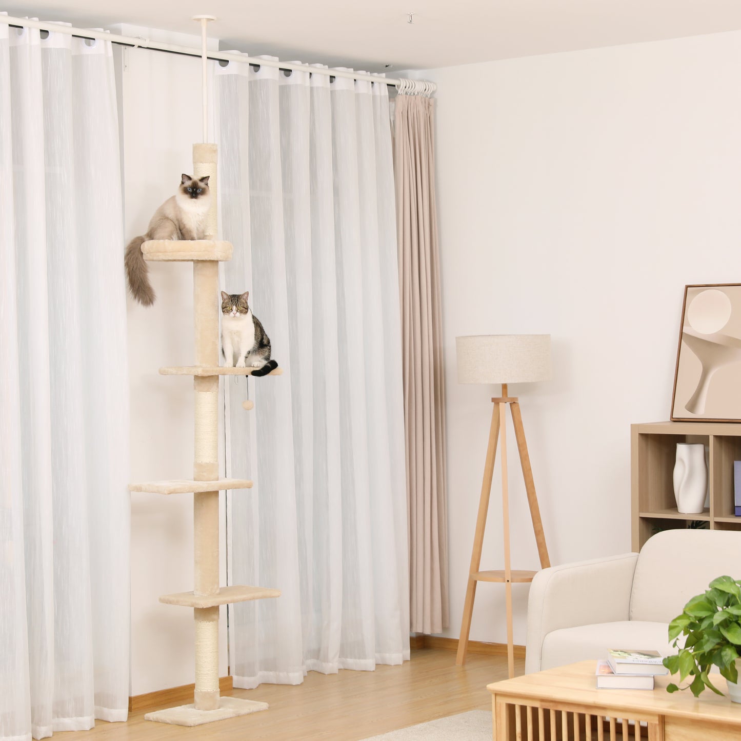 Árbol rascador XXL hasta el techo con montaje en pared | 5 niveles | Altura ajustable 228~274cm (89,8~107,9 pulgadas) | Postes de sisal natural extra gruesos | Cojines para dormir acogedores | Juguetes colgantes | Para razas de gatos grandes