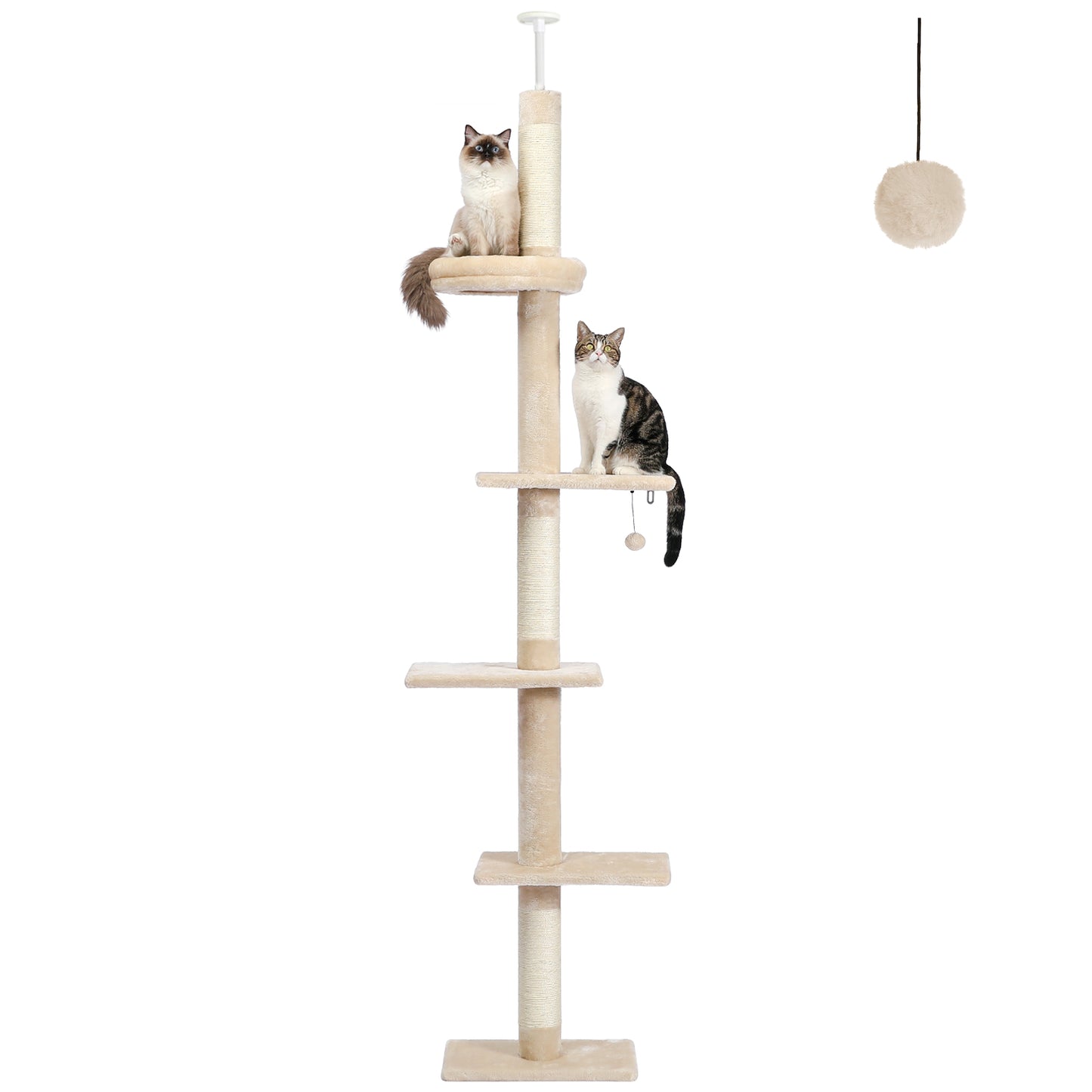 Árbol rascador XXL hasta el techo con montaje en pared | 5 niveles | Altura ajustable 228~274cm (89,8~107,9 pulgadas) | Postes de sisal natural extra gruesos | Cojines para dormir acogedores | Juguetes colgantes | Para razas de gatos grandes