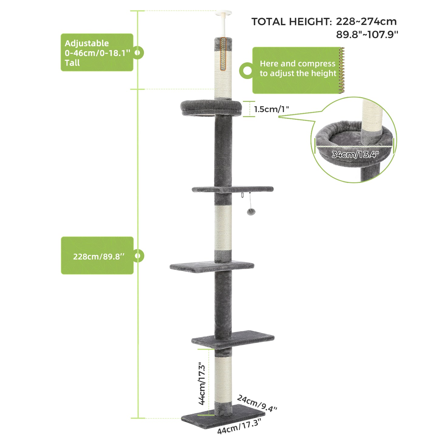 Árbol rascador XXL hasta el techo con montaje en pared | 5 niveles | Altura ajustable 228~274cm (89,8~107,9 pulgadas) | Postes de sisal natural extra gruesos | Cojines para dormir acogedores | Juguetes colgantes | Para razas de gatos grandes