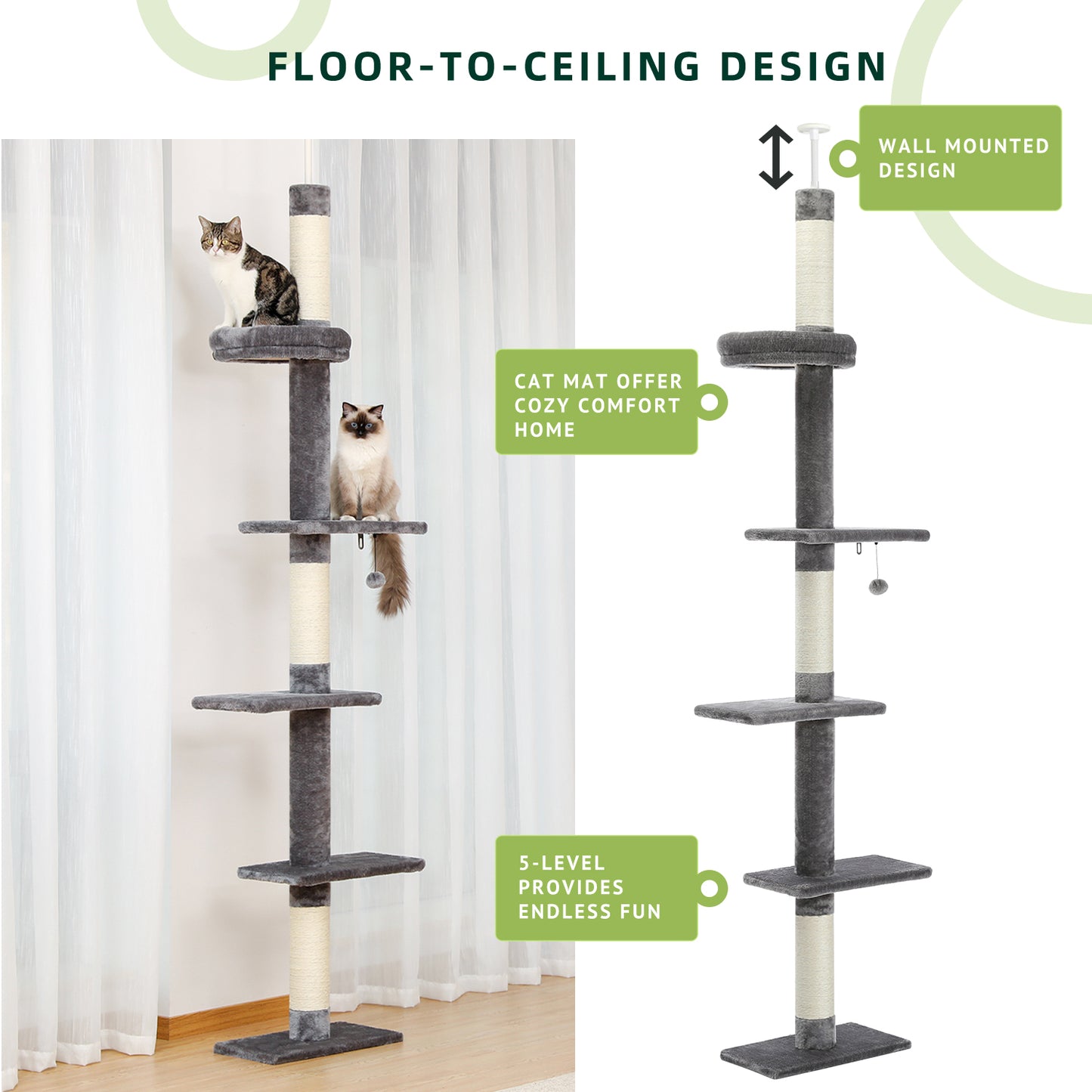 Árbol rascador XXL hasta el techo con montaje en pared | 5 niveles | Altura ajustable 228~274cm (89,8~107,9 pulgadas) | Postes de sisal natural extra gruesos | Cojines para dormir acogedores | Juguetes colgantes | Para razas de gatos grandes