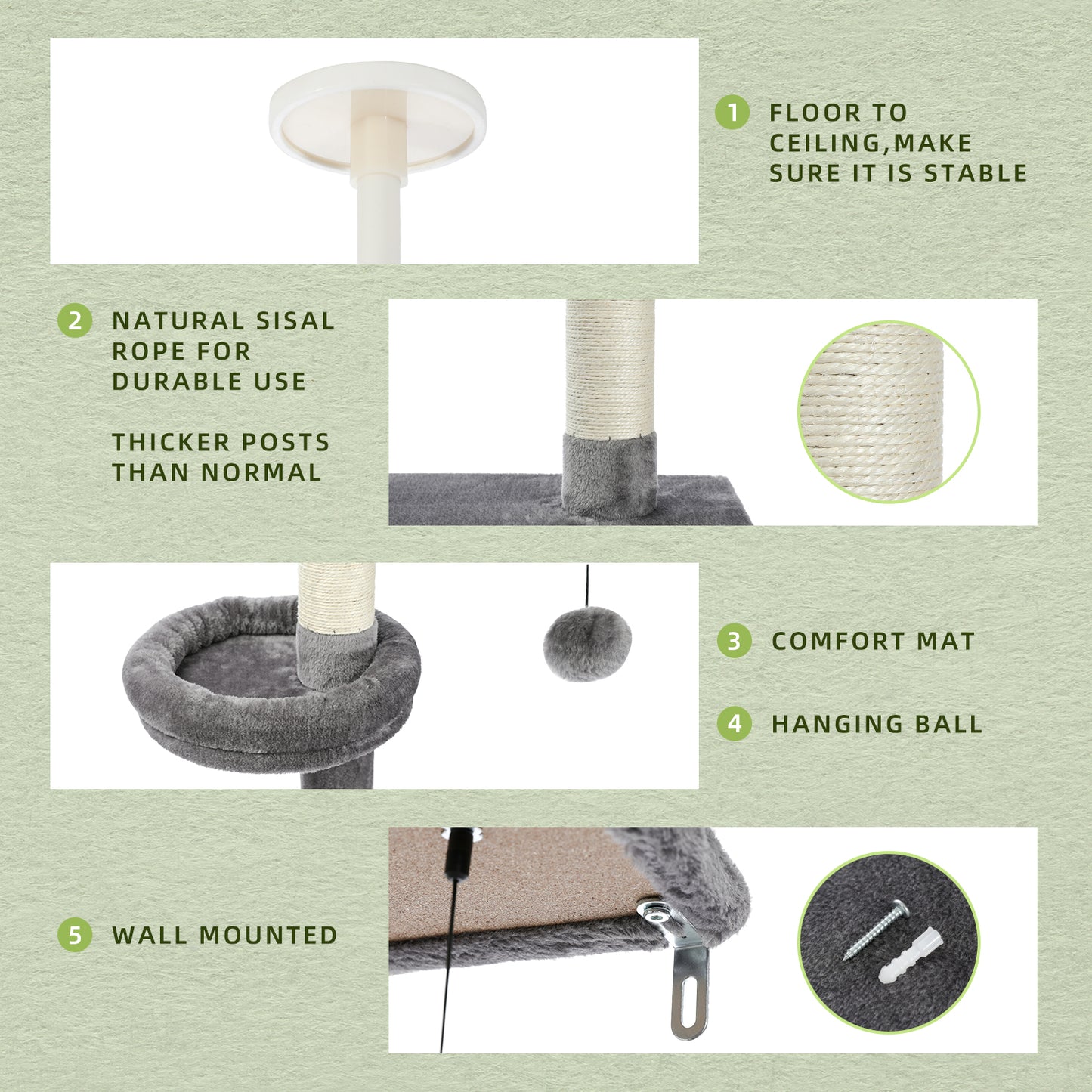 Árbol rascador XXL hasta el techo con montaje en pared | 5 niveles | Altura ajustable 228~274cm (89,8~107,9 pulgadas) | Postes de sisal natural extra gruesos | Cojines para dormir acogedores | Juguetes colgantes | Para razas de gatos grandes